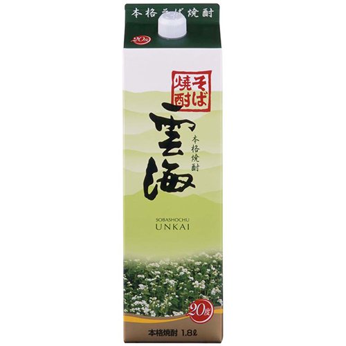 【雲海パック1．8L】〜今を遡ること三十余年、歴史のなかに脈々と受け継がれてきた「蕎麦」の文化と宮崎県五ヶ瀬町の美しい自然の恵み、そして焼酎づくり一筋にこだわり続ける匠の技が出会い、日本で初めて誕生した本格そば焼酎です。厳選されたそばと宮崎最北・五ヶ瀬の豊かな自然が育んだ清冽な水で丁寧に仕込まれた深い味わい、「そば雲海」は時代とともに歩み続けています。そば焼酎そば焼酎「雲海」ならではの、すっきりとした甘さと爽やかな香りに貯蔵酒ブレンドによるまろやかさが加わった一品です。　