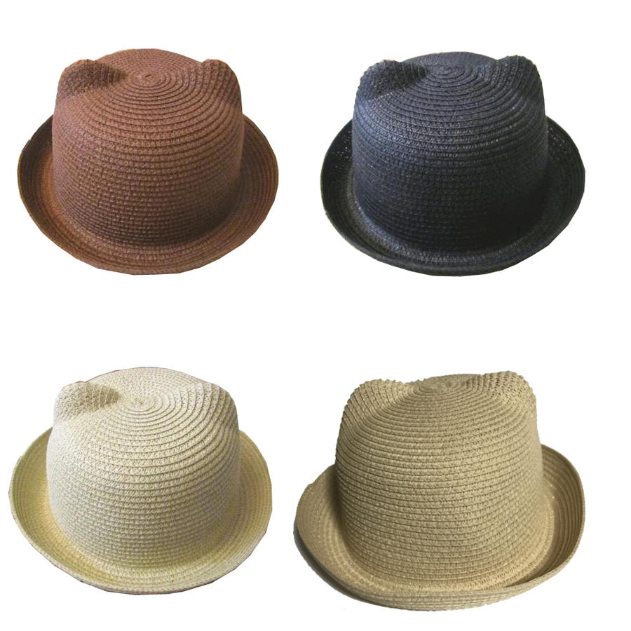 ねこ耳 麦わら帽子 55〜58cm ベージュ/ホワイト/ブラック/コーヒー/ブラウン