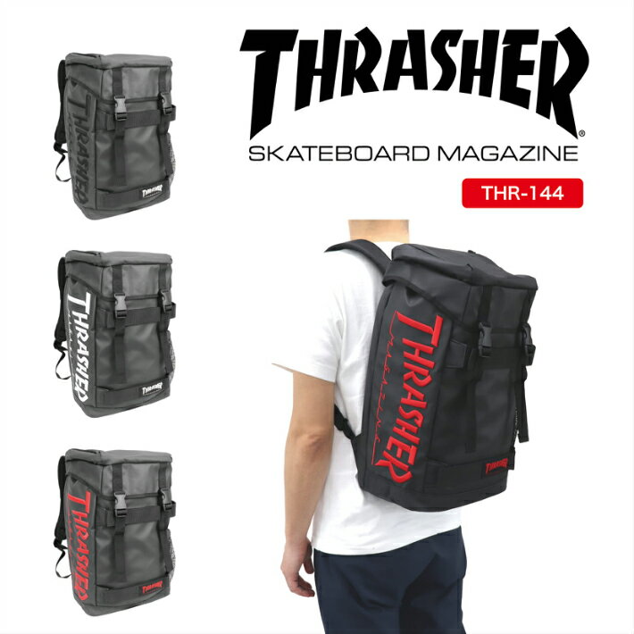 【あす楽】THRASHER スラッシャー バックパック デイパック かぶせリュック フラップバックパック 3D刺繍ロゴ PC収納 カジュアル アウトドア 旅行 撥水 軽量 ブラック メンズ レディース 男女兼用 中高生 大学生 THR-144【クリスマス】【SS2406】