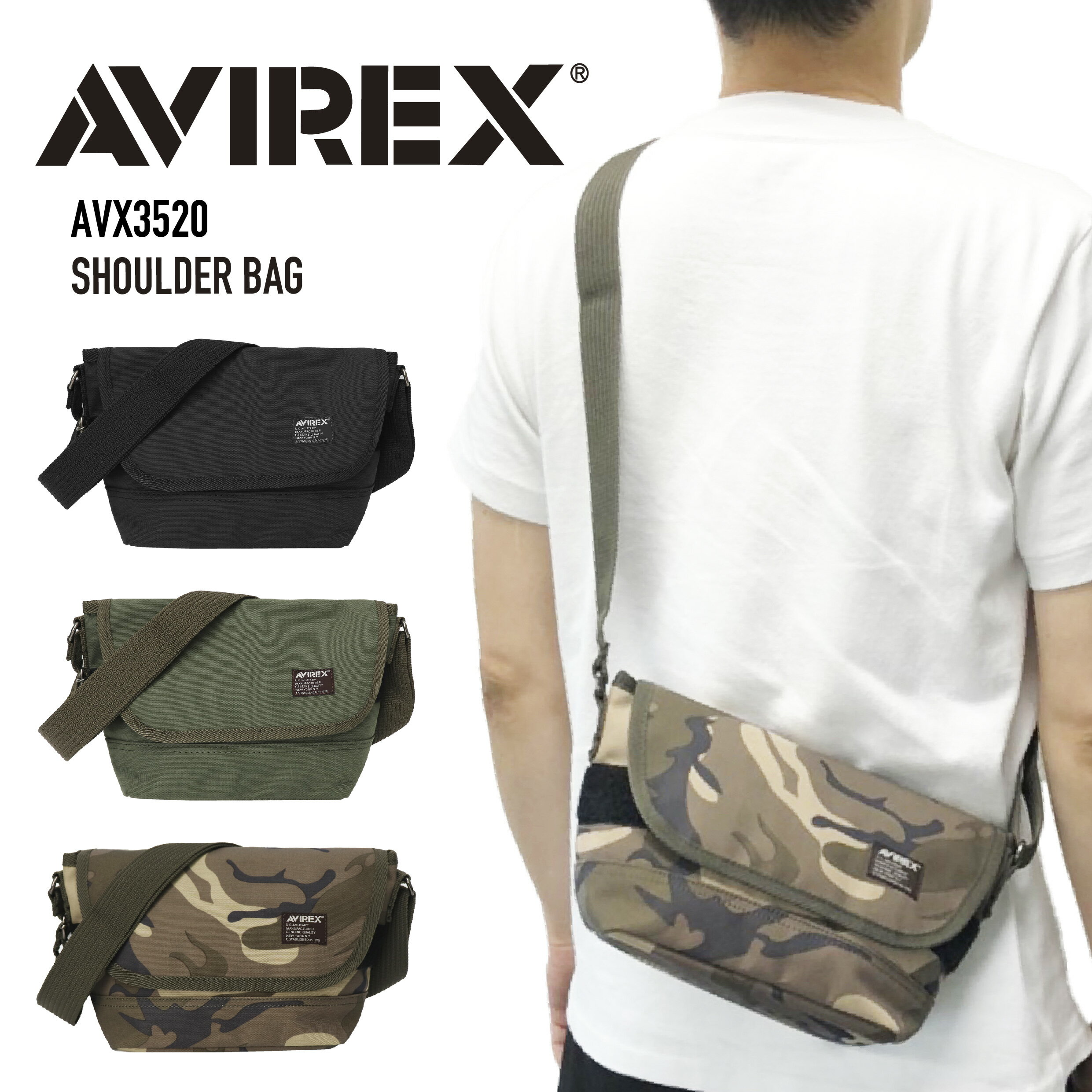 アヴィレックス ショルダーバッグ メンズ AVIREX アビレックス ショルダーバッグ かぶせショルダー ミニメッセンジャー ポリキャンバス サブバッグ 軽量 撥水　斜め掛け 肩掛け タウンカジュアル スポーツ アウトドア メンズ レディース 男女兼用 イーグルシリーズ AVX3520 【父の日23】