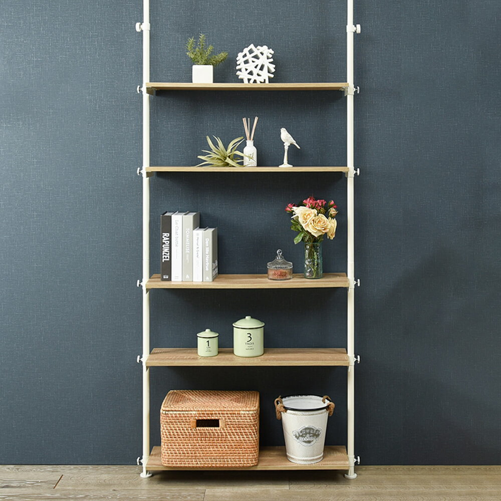 突っ張りラック 幅90cm 突っ張り 突張り 棚 収納 おしゃれ 木目 北欧 棚 調節 伸縮 台 壁面収納 段差対応 隙間 スリム シェルフ 5段 一人暮らし 組立 簡単 組み立て 間仕切り ナチュラル シンプル 北欧 レトロ 西海岸