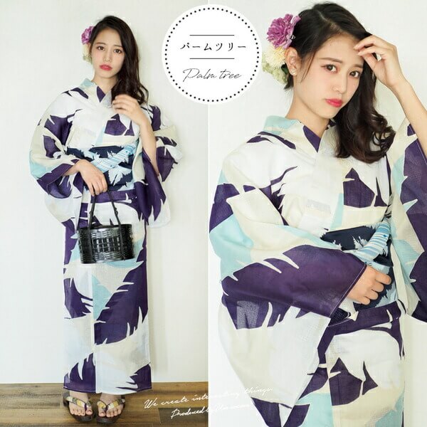 女性浴衣　レディース浴衣　浴衣　単品　浴衣単品　仕立て上がり　レディース　女性用　フリー　ホワイト　白　ネイビー　ヤシの木　個性派　変わり織　お洒落