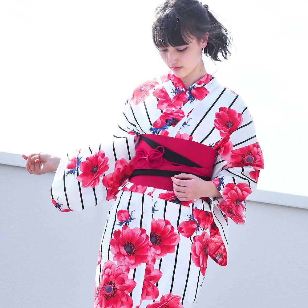 女性浴衣 レディース浴衣 浴衣 単品 浴衣単品 仕立て上がり レトロ 女性用 フリー ホワイト レッド 花柄 変わり織