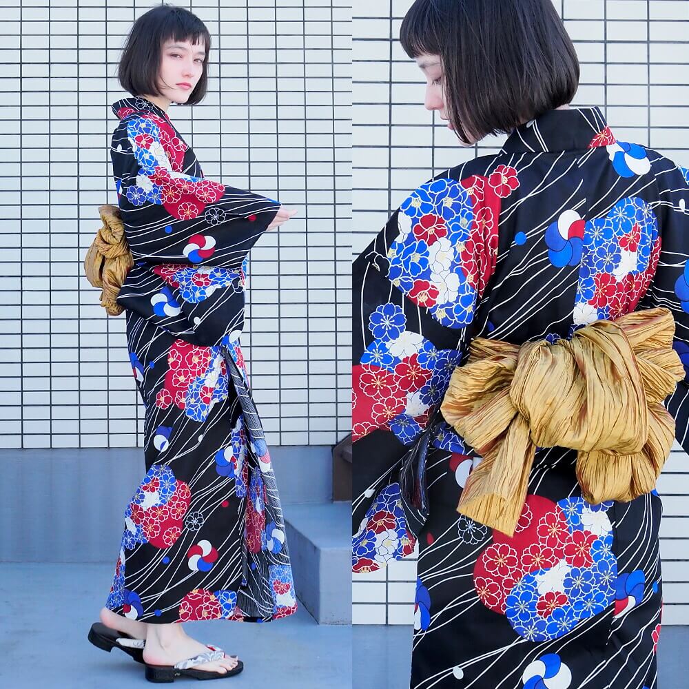 女性浴衣 レディース浴衣 浴衣 単品 浴衣単品 仕立て上がり レトロ 女性用 フリー 黒 ブラック 桜 花柄 変わり織