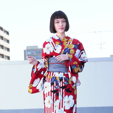 女性浴衣 レディース浴衣 浴衣 単品 浴衣単品 仕立て上がり レトロ 女性用 フリー 赤 レッド トゥールーレッド ほおずき 縞 花柄 変わり織