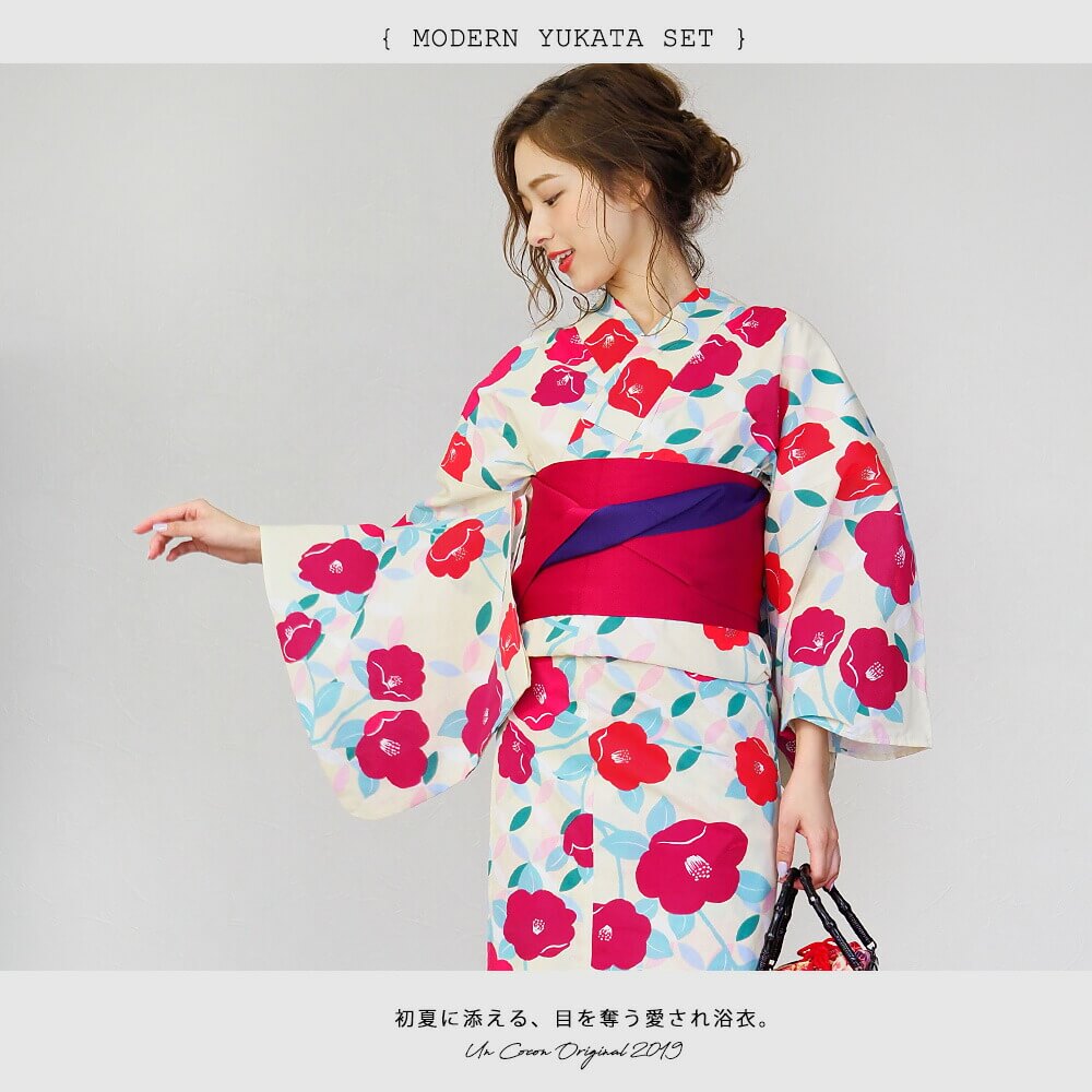 nonocの女性浴衣 レディース浴衣 浴衣 浴衣単品 仕立て上がり フラワー 椿 女性用 フリー ホワイト 白 ピンク 赤 レッド イエロー 黄色｜アングル3