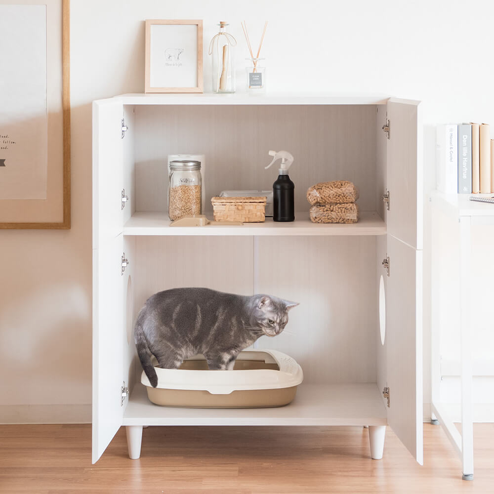 nonocの猫トイレクローゼット 二段 キャット おしゃれ キャットトイレクローゼット 猫トイレ収納 隠す 収納ラック 送料無料 ラック 棚 収納棚 猫砂飛散防止 ブラウン 収納ラック 収納棚 木製ラック リビング収納 ペット用品 猫グッズ｜アングル2