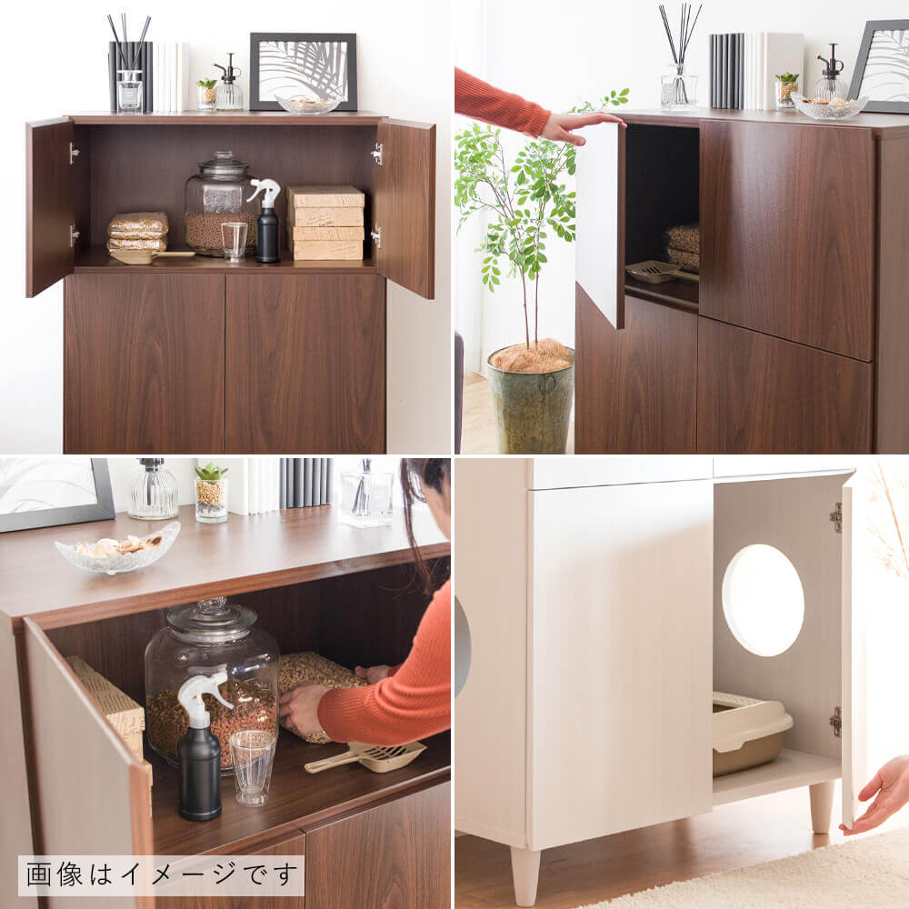 nonocの猫トイレクローゼット 二段 キャット おしゃれ キャットトイレクローゼット 猫トイレ収納 隠す 収納ラック 送料無料 ラック 棚 収納棚 猫砂飛散防止 ブラウン 収納ラック 収納棚 木製ラック リビング収納 ペット用品 猫グッズ｜アングル3