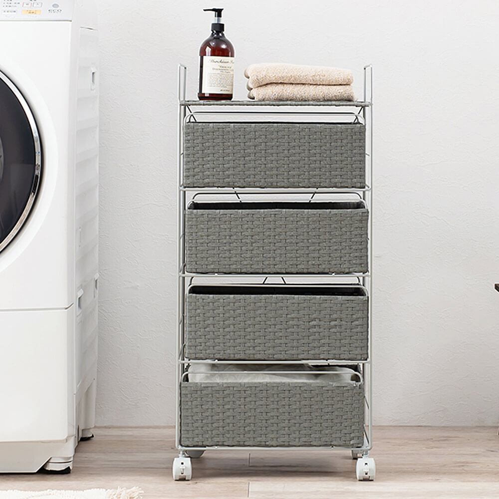 4段ランドリー 幅40cm ランドリー 収納 キャスター 引き出し チェスト ラタン調 水回り おしゃれ 隙間収納 サニタリー 洗面所 ランドリーラック ランドリーワゴン スリム キャスター おしゃれ ランドリーチェストランドリー