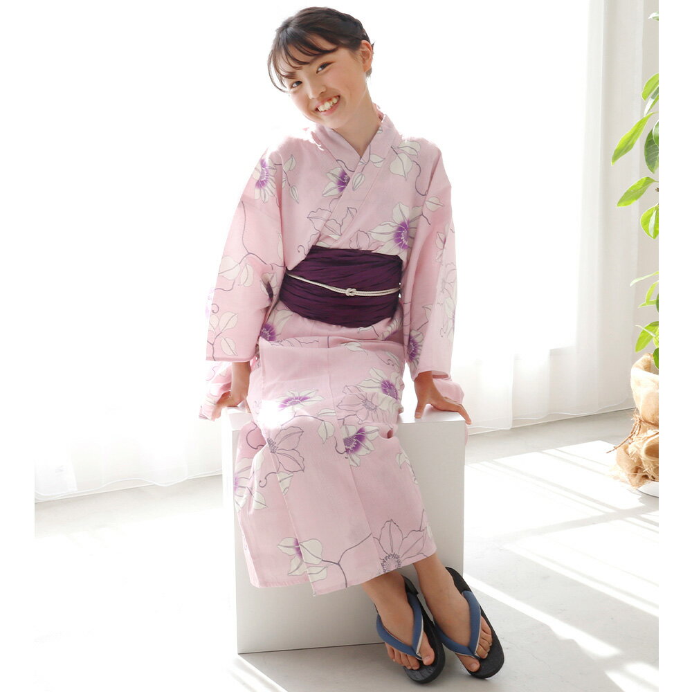 浴衣セット 2点セット 女の子浴衣 子供 ジュニア 綿麻 150 160 Sサイズ 麻混 浴衣 高級浴衣 ピンク 花柄 モダン