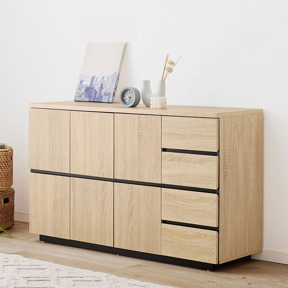 木目調シンプルキャビネット 木目調 引出し 引き出し 4段 扉 可動棚 スライドレール ラック サイドボード 収納棚 収納ボックス 扉付き 扉 FAX台 プリンター台 家具 インテリア 送料無料 ナチュラル シンプル 北欧 [2]