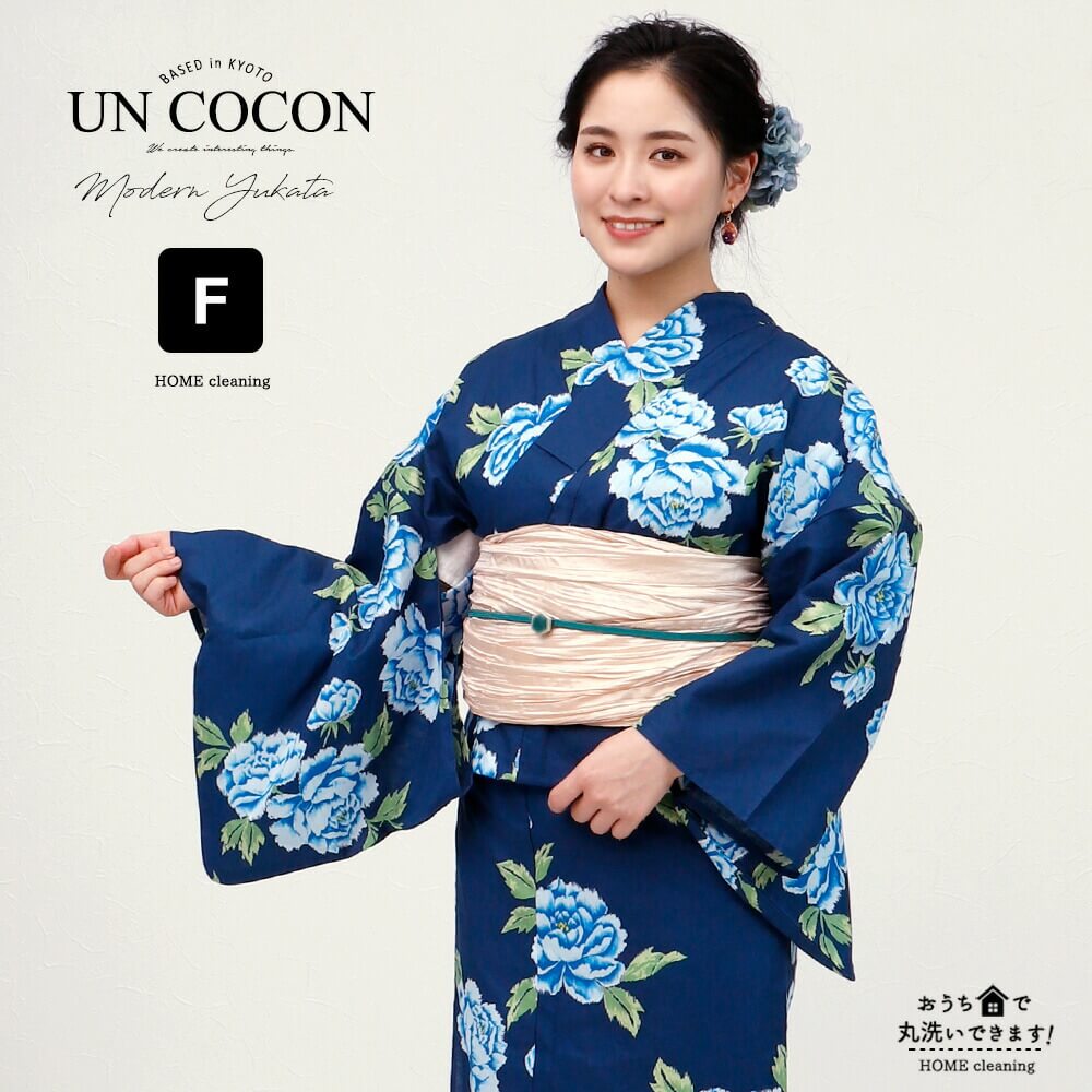 浴衣 レディース 女性浴衣 ゆかた 単品 浴衣単品 レトロ きれいめ オトナ見え 仕立て上がり ネイビー 紺 青 ブルー 牡丹 ボタン 大人しっとり 上品 花柄