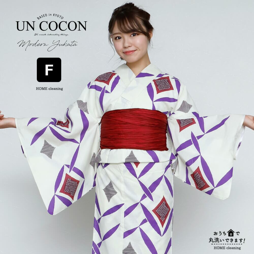 Checked - 女性浴衣 レディース浴衣 浴衣 単品 レトロ 浴衣単品 仕立て上がり レディース 女性用 フリー 白 ホワイト パープル 紫 菱型 ダイヤモンド