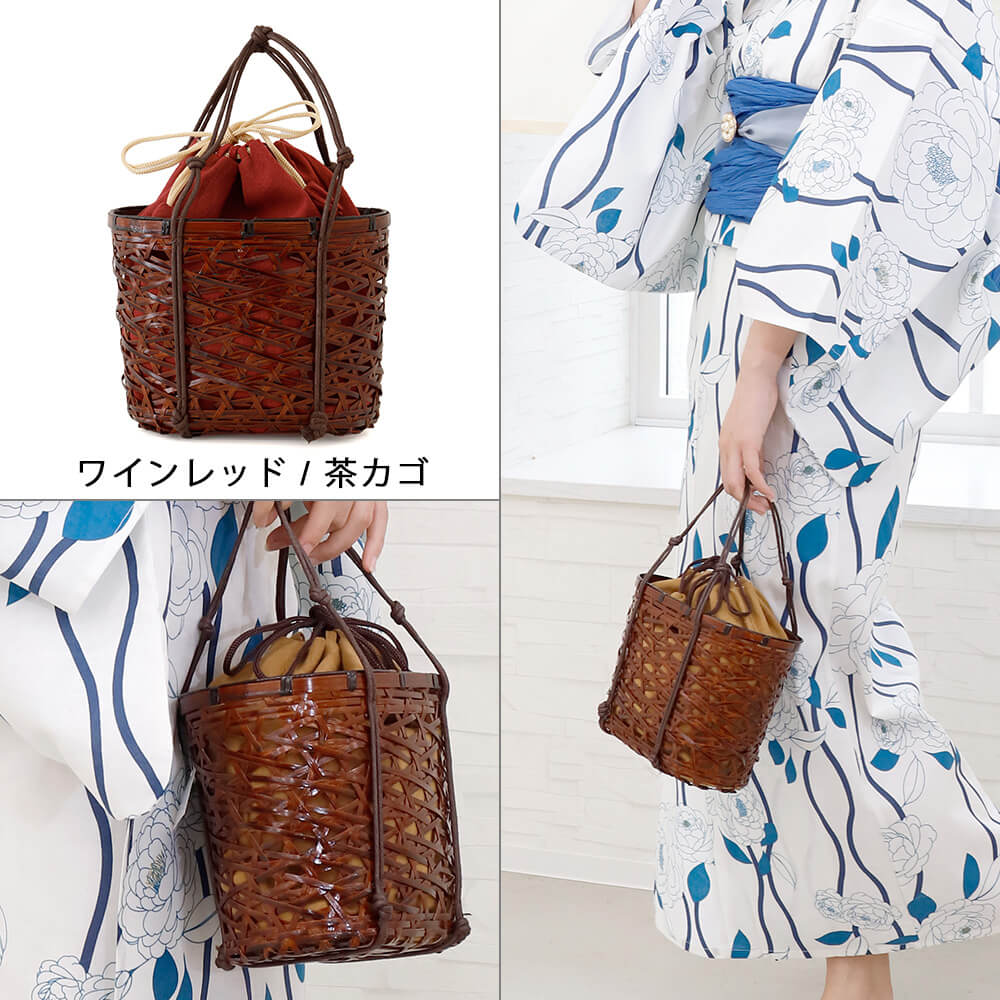 かごバッグ　籠バッグ　浴衣　無地　シンプル　大容量　巾着　きんちゃく　カゴ巾着　かご巾着　ベージュ　おしゃれ　上品　赤