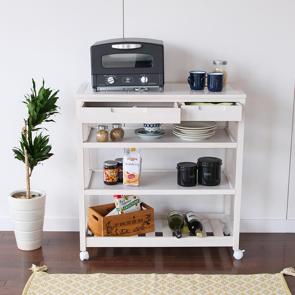 キッチンワゴン 天然木 木製 ワゴン キャスター付 キッチンワゴン タイルトップワゴン 天板タイル ナチュラル ホワイト キッチンカウンター 台所収納 キッチン 収納 食器収納 ナチュラル シンプル 北欧 レトロ 西海岸 ミッ