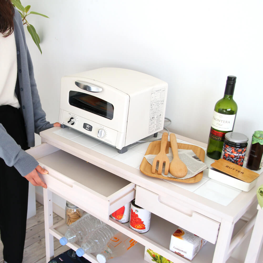 キッチンワゴン 天然木 木製 ワゴン キャスター付 キッチンワゴン タイルトップワゴン 天板タイル ナチュラル ホワイト キッチンカウンター 台所収納 キッチン 収納 食器収納 ナチュラル シンプル 北欧 レトロ 西海岸 ミッ [2]