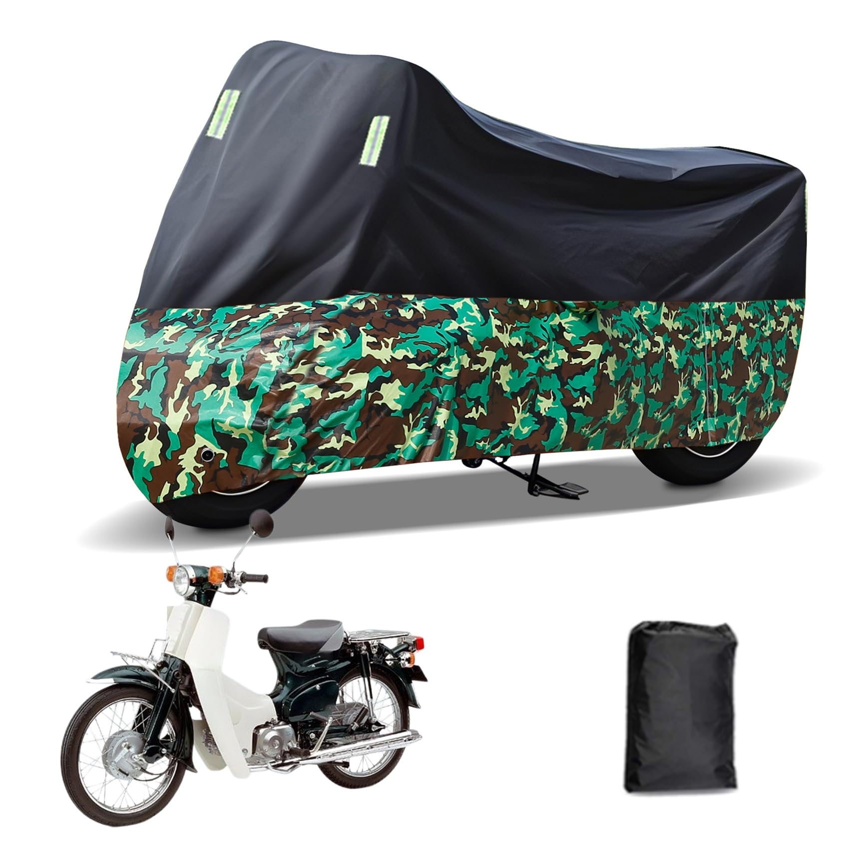 Rakuten - に適合する ホンダ スーパーカブ90 バイクカバー 原付カバー バイク用レインカバー 警告反射テープ 盗難防止 紫外線防止 防埃 防雨 防雪 収納バッグ付き(黒+迷彩)