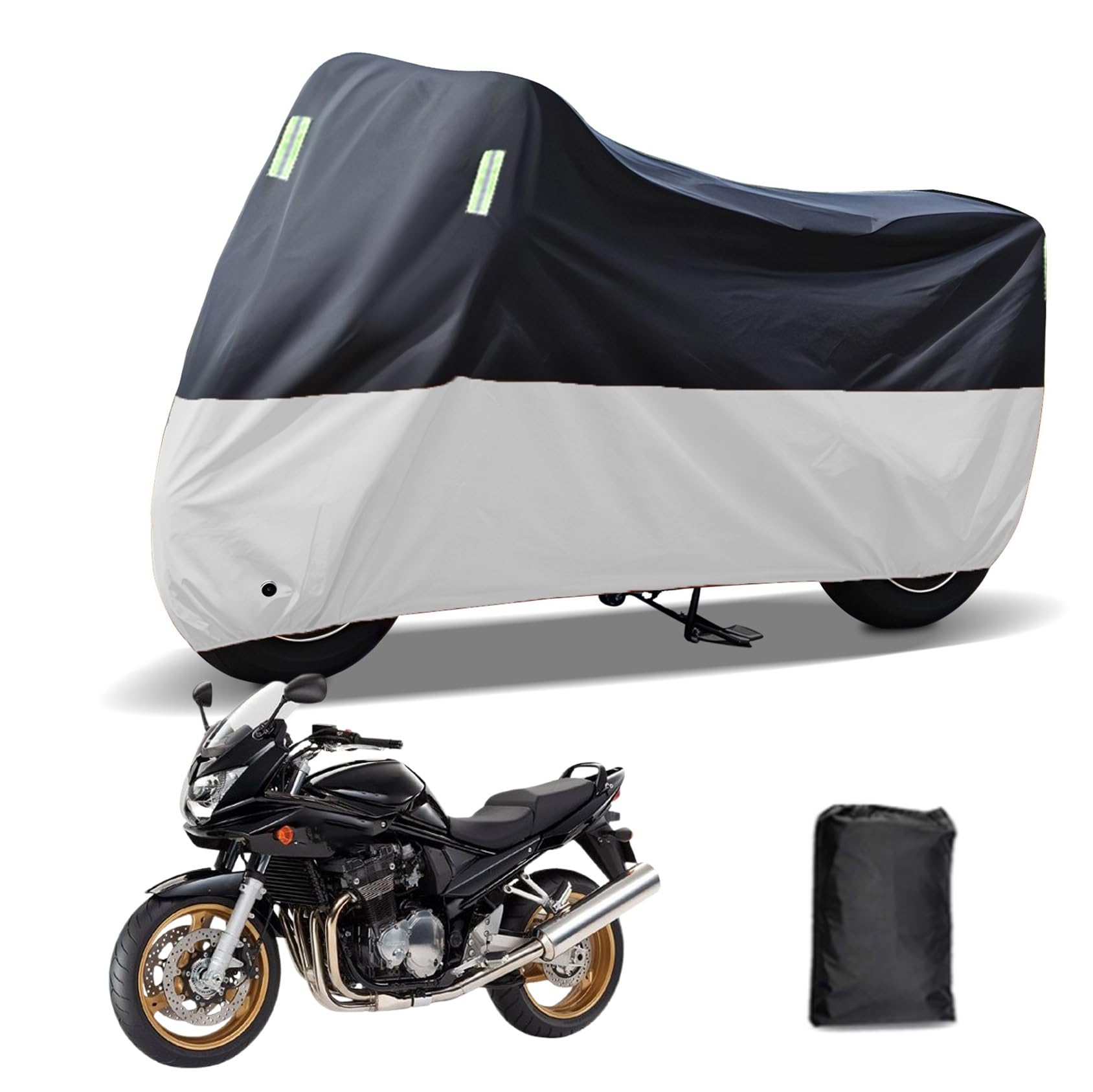 Rakuten - に適合する スズキ バンディット1200 1200S バイクカバー 原付カバー バイク用レインカバー 警告反射テープ 盗難防止 紫外線防止 防埃 防雨 防雪 収納バッグ付き(黒銀)