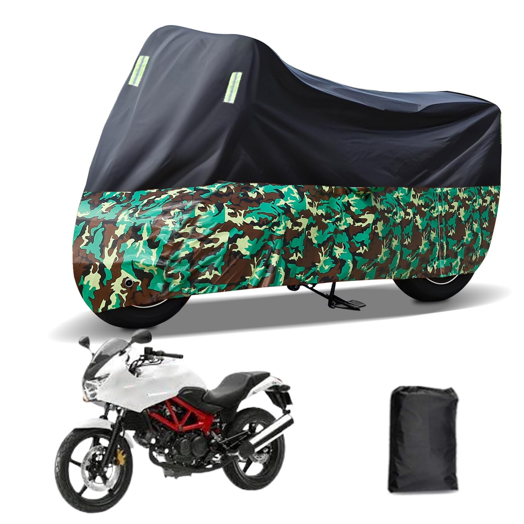 Rakuten - に適合する ホンダ VTR250-F VTR-F バイクカバー 原付カバー バイク用レインカバー 警告反射テープ 盗難防止 紫外線防止 防埃 防雨 防雪 収納バッグ付き(黒+迷彩)