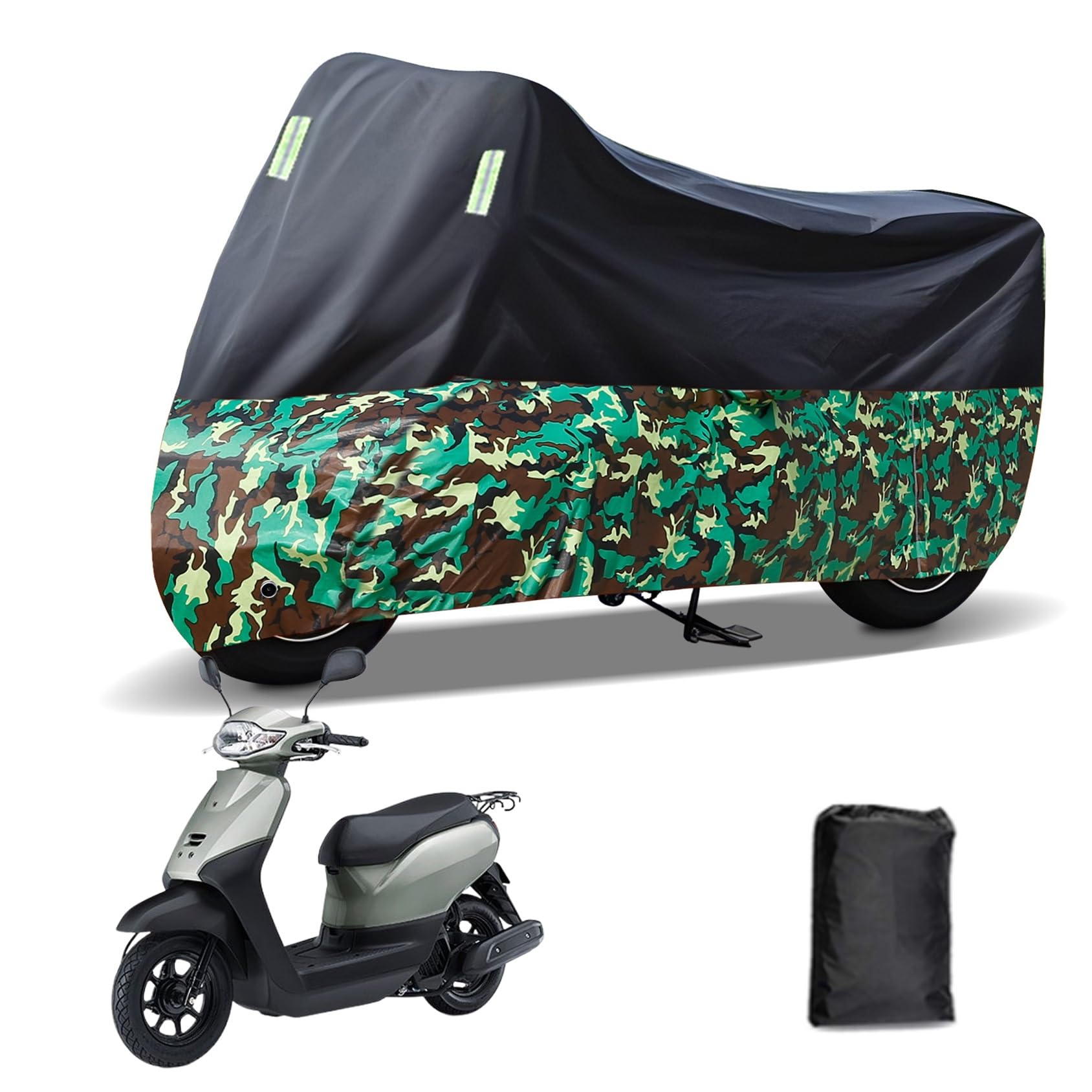 Rakuten - に適合する ホンダ タクト ベーシック バイクカバー 原付カバー バイク用レインカバー 警告反射テープ 盗難防止 紫外線防止 防埃 防雨 防雪 収納バッグ付き(黒+迷彩)