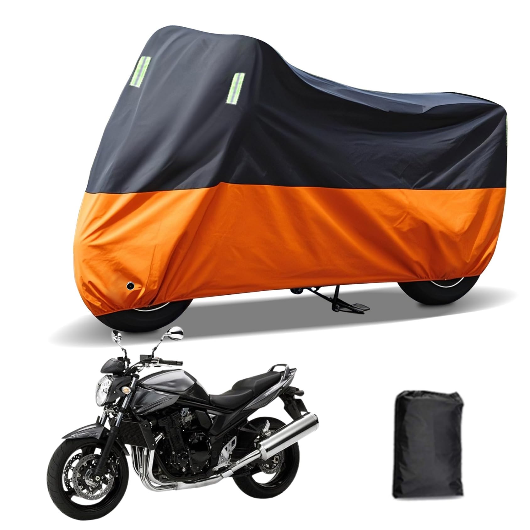 Rakuten - に適合する スズキ バンディット1250F/1250S バイクカバー 原付カバー バイク用レインカバー 警告反射テープ 盗難防止 紫外線防止 防埃 防雨 防雪 収納バッグ付き(黒+オレンジ)