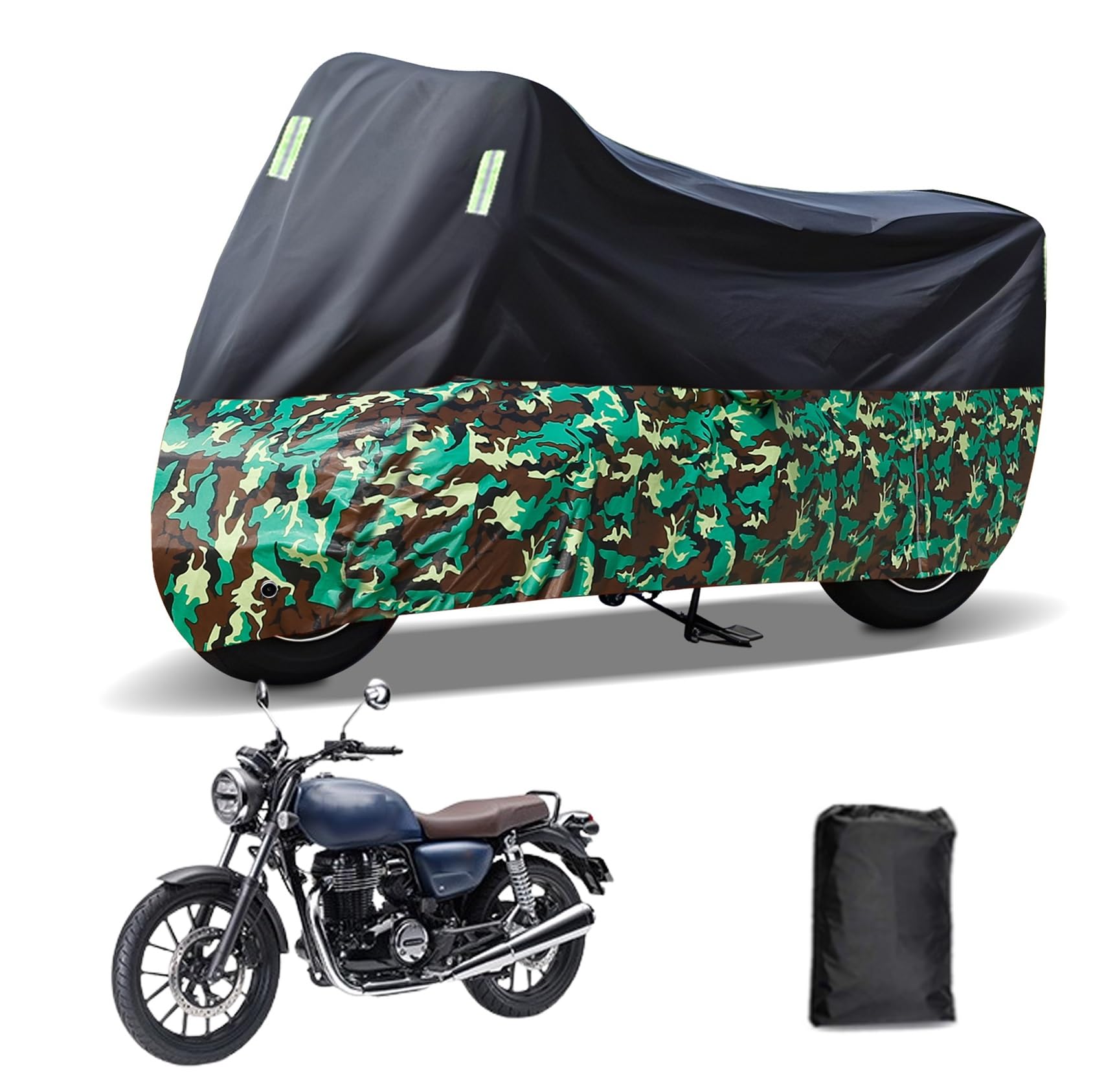 Rakuten - に適合する ホンダ GB350 バイクカバー 原付カバー バイク用レインカバー 警告反射テープ 盗難防止 紫外線防止 防埃 防雨 防雪 収納バッグ付き(黒+迷彩)
