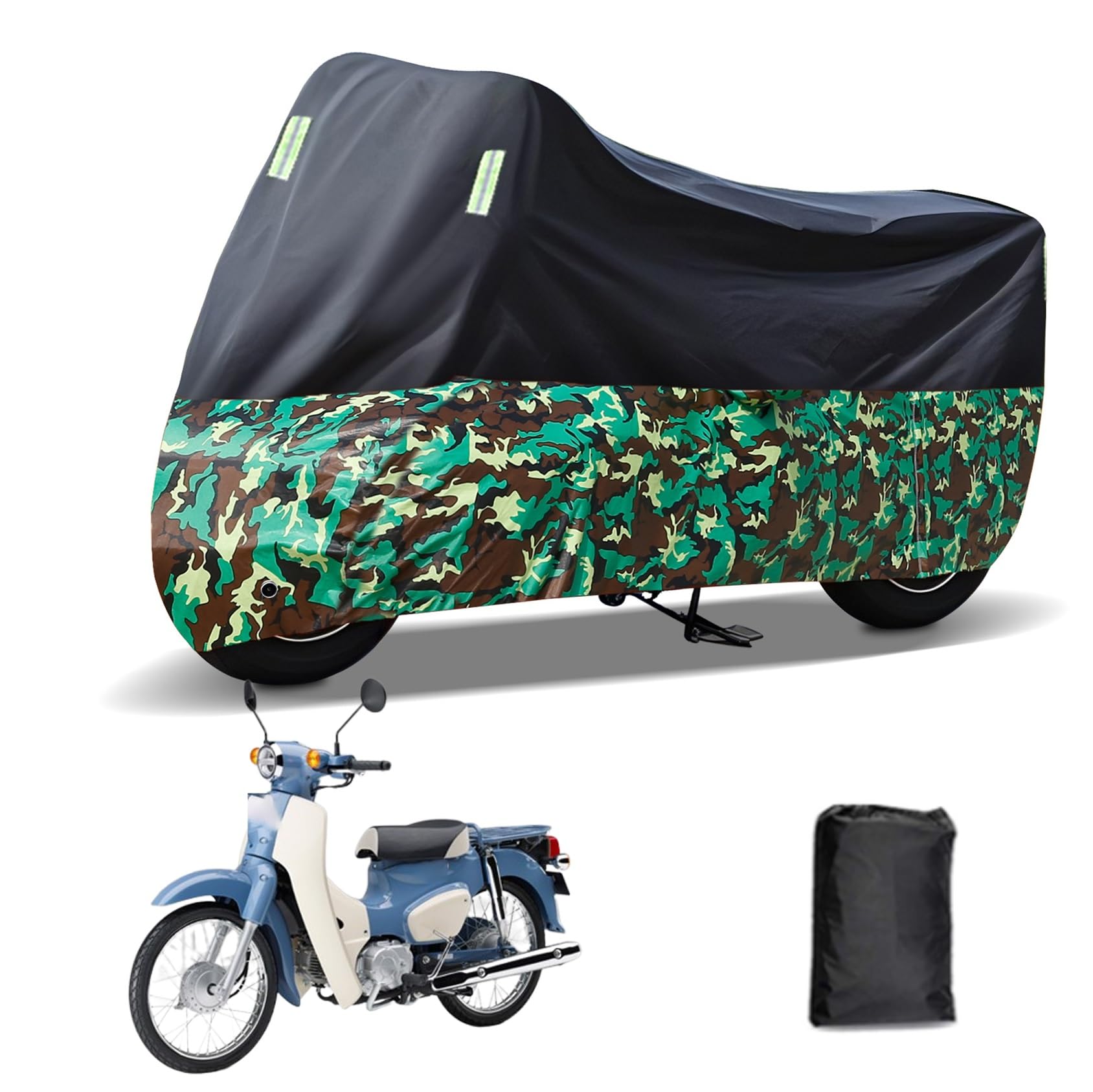 Rakuten - に適合する ホンダ スーパーカブ 50 POR バイクカバー 原付カバー バイク用レインカバー 警告反射テープ 盗難防止 紫外線防止 防埃 防雨 防雪 収納バッグ付き(黒+迷彩)