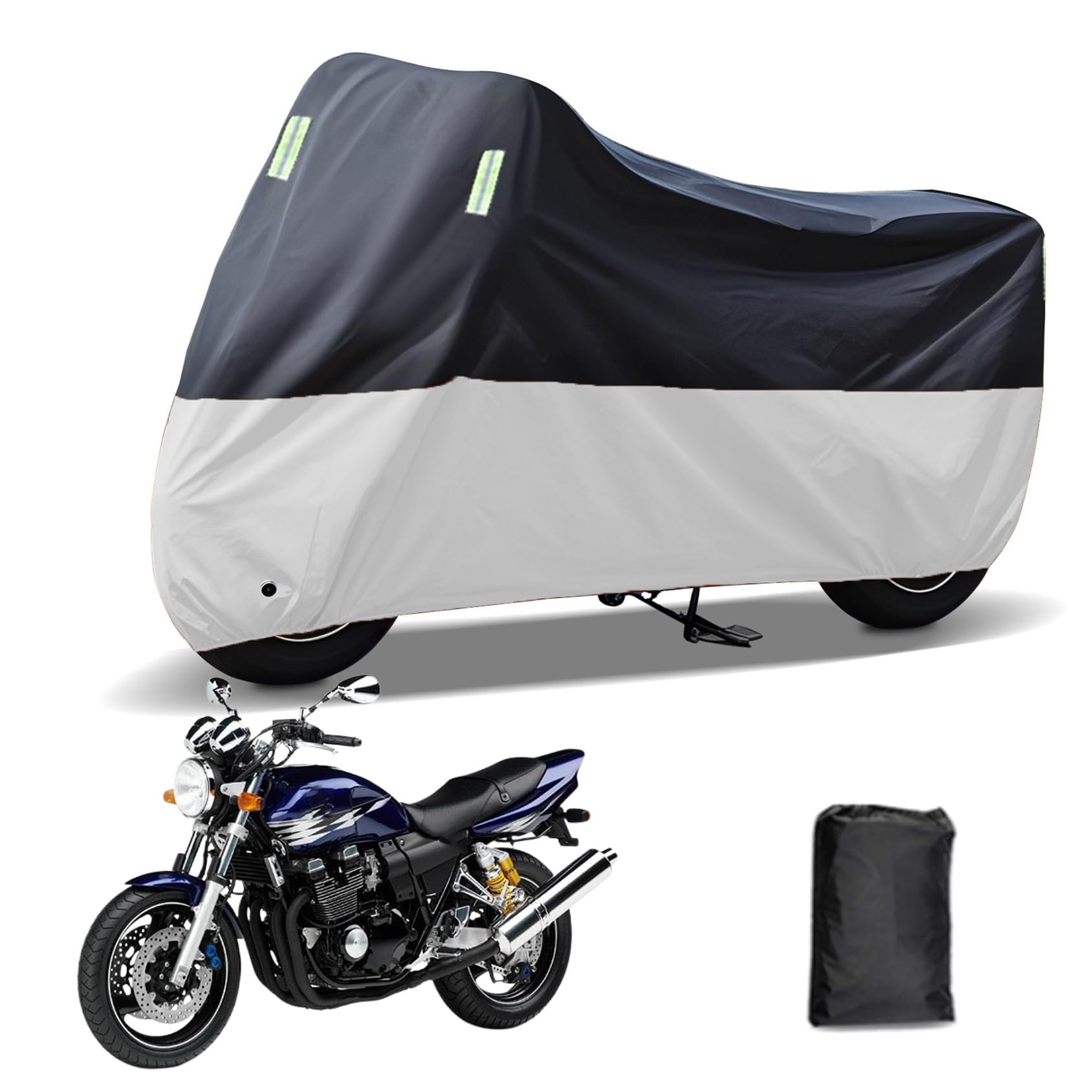 に適合する ヤマハXJR400R バイクカバー 原付カバー バイク用レインカバー 警告反射テープ 盗難防止 紫外線防止 防埃 防雨 防雪 収納バッグ付き(黒銀)