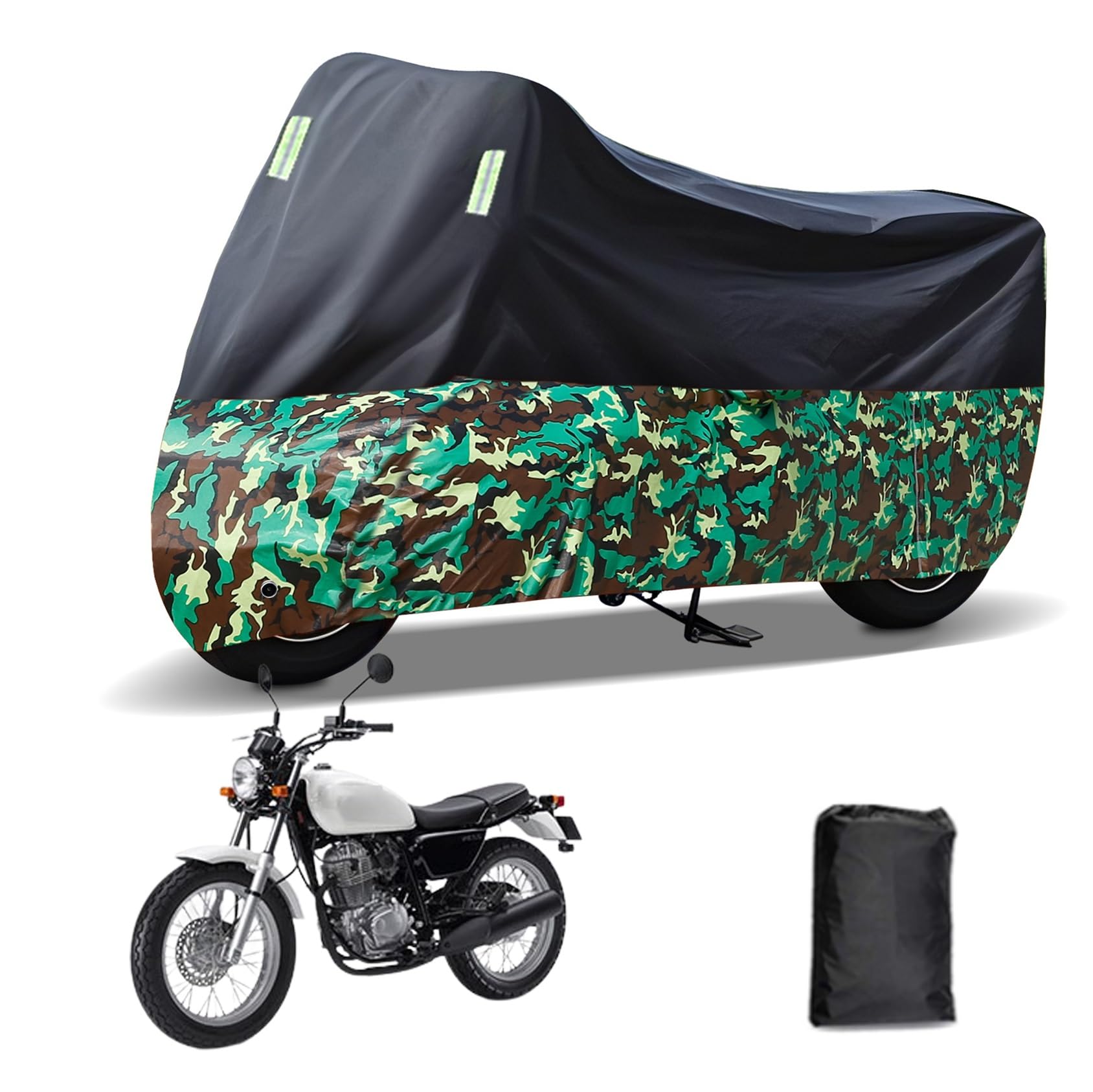 Rakuten - に適合する ホンダ CB223S バイクカバー 原付カバー バイク用レインカバー 警告反射テープ 盗難防止 紫外線防止 防埃 防雨 防雪 収納バッグ付き(黒+迷彩)