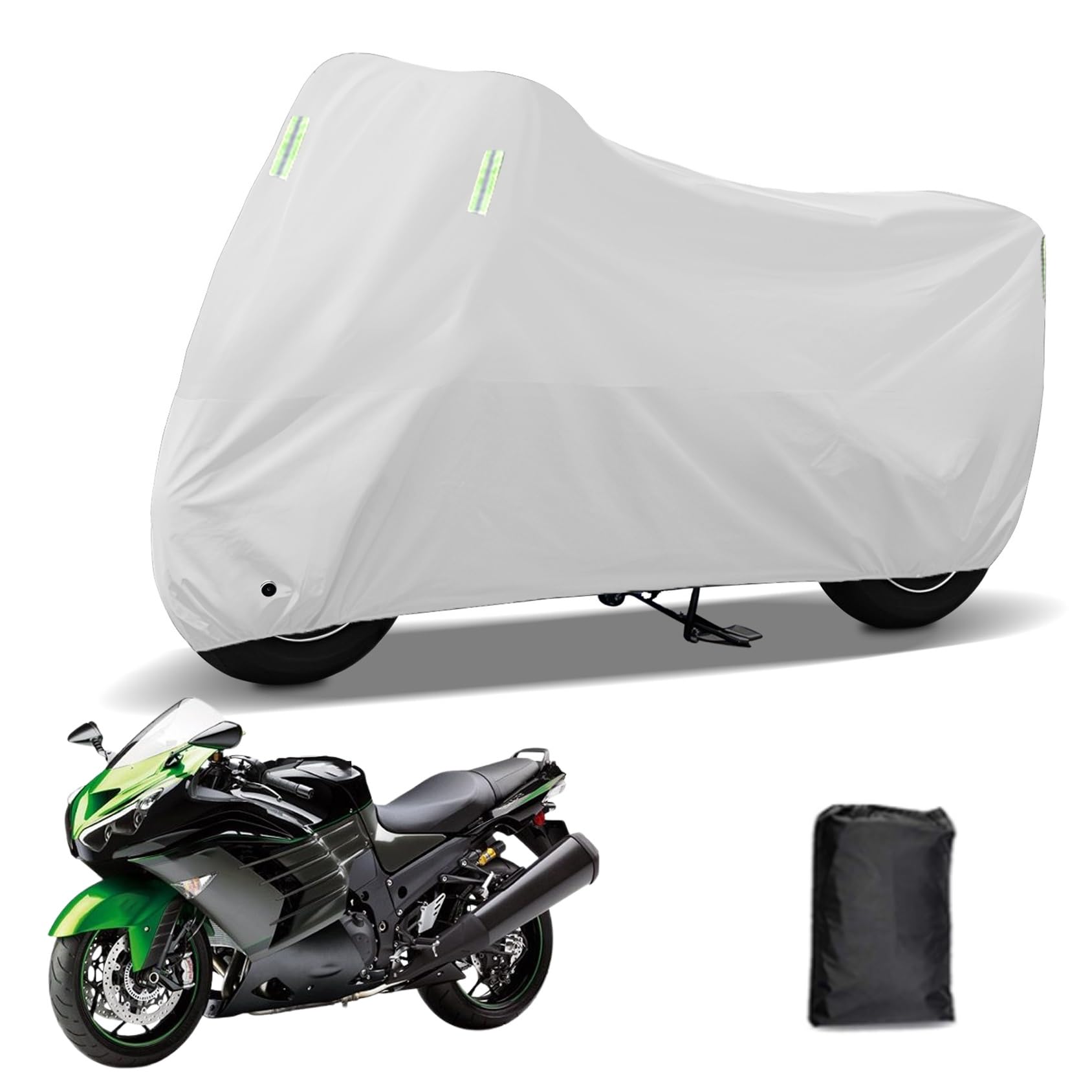 に適合する カワサキZZR1400 バイクカバー 原付カバー バイク用レインカバー 警告反射テープ 盗難防止 紫外線防止 防埃 防雨 防雪 収納バッグ付き(シルバー)