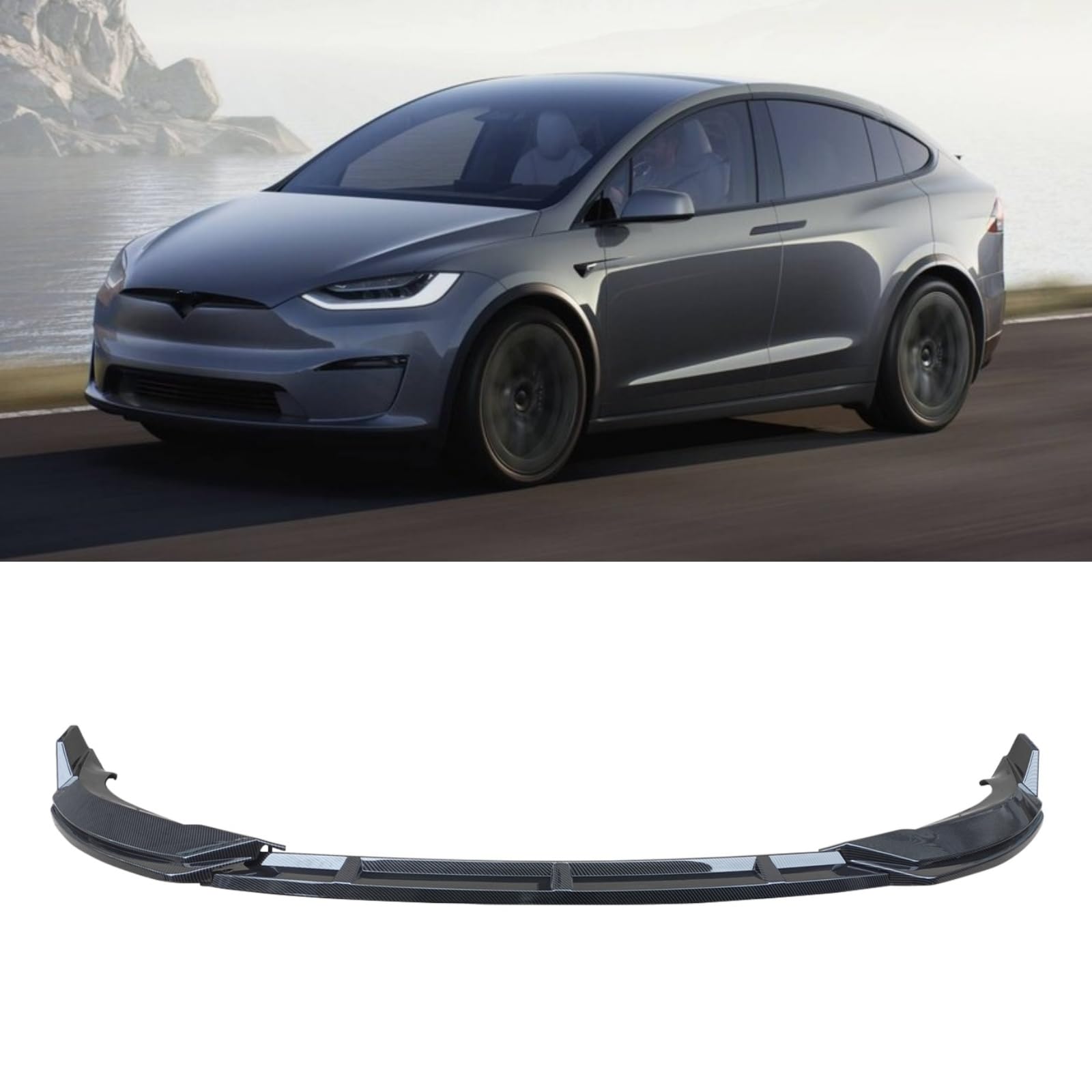 フロントスポイラー テスラ Model X 2022-2025 専用 ABS製 カーボン調 塗装済み フロントリップ 3分割 フロントバンパー リップスポイラー