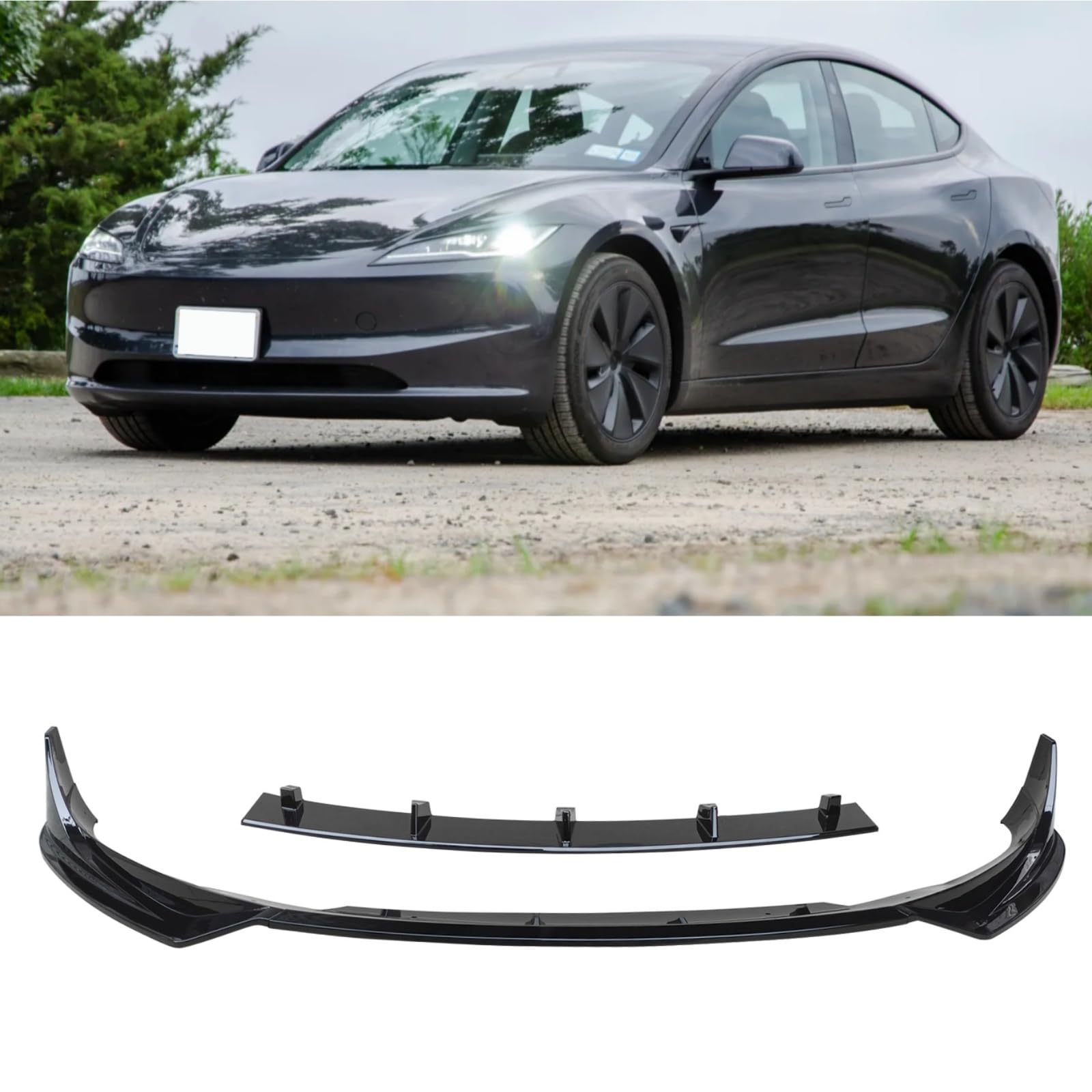 Rakuten - フロントスポイラー テスラ 新型 Model 3 ハイランド 2024-2026 専用 ABS製 光沢ブラック 塗装済み フロントリップ 3分割 フロントバンパー リップスポイラー