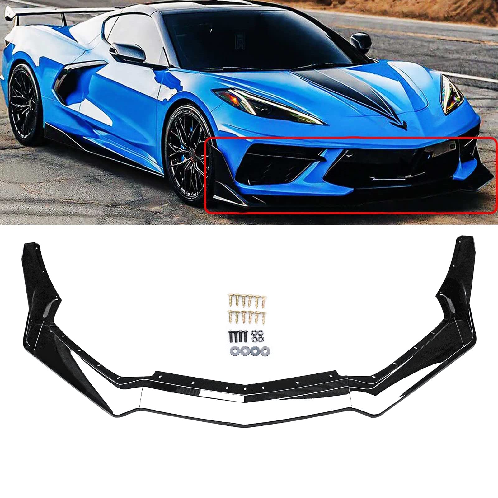 Rakuten - フロントスポイラー 2020年〜2025年 シボレー コルベット C8 Z51 / Stingray クーペ (2LT 3LT コンバーチブル) 車種専用 リップスポイラー カナード有り 艶あり黒 フロントバンパー フロントスポイラー バンパー フロントリップ ABS製 塗装済み ガーニッシュ エアロパー