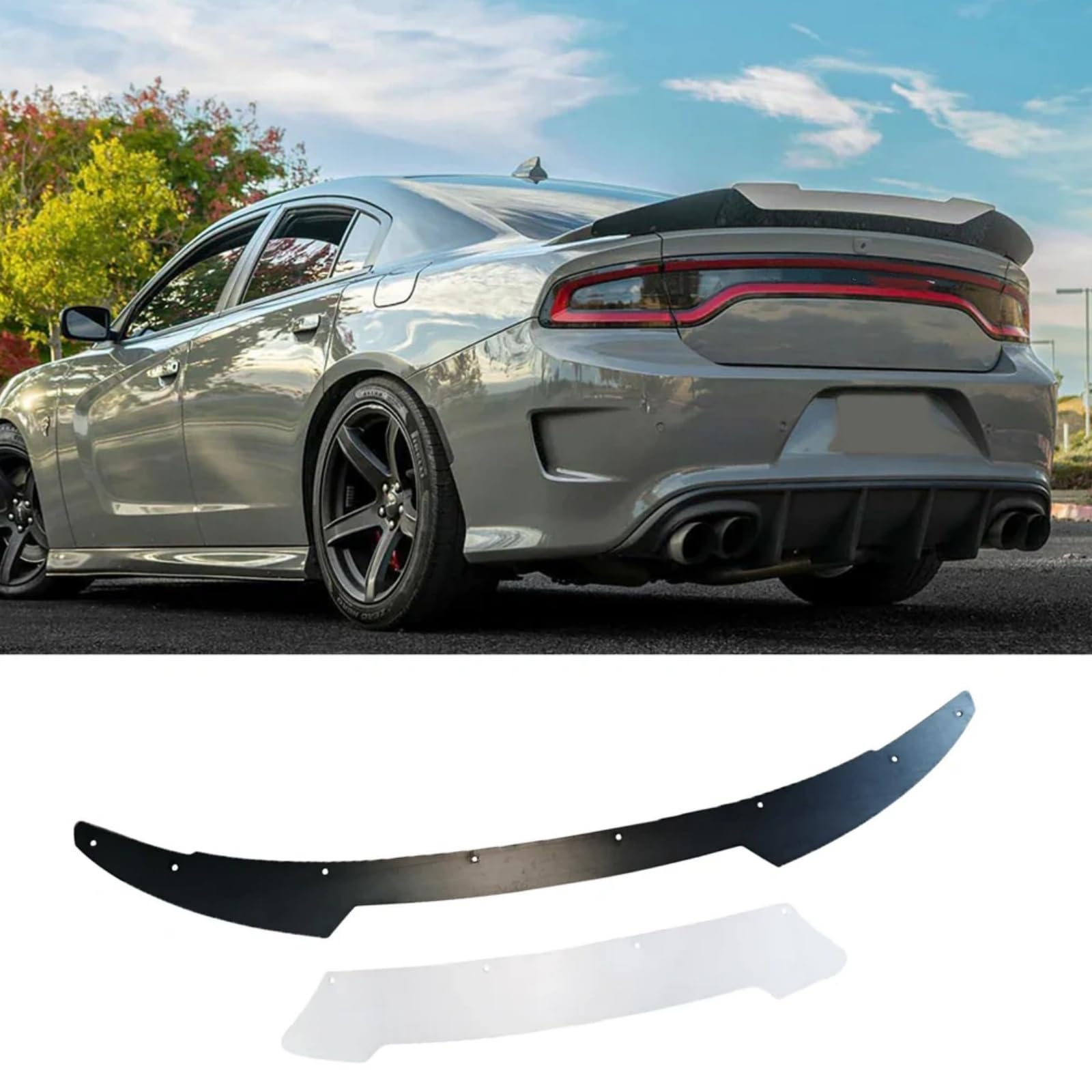【適合車種】2015-2024 ダッジ チャージャー SRT スキャットパック ヘルキャット、V2スタイル ウィッカービルに対応いたします。【材質とカラー】高品質ABS樹脂で作られます。耐久性、耐寒性や耐食性に優れてます、かすり傷に強くてバンパーガードの役にも立てます。カラーは低調な高級感が溢れるの艶あり黒です。【機能性】1.エアロガード：高速走行中で下部の気流を速やかに排出して、ダウンフォースを増加し、車体を安定させます。2.ガーニッシュ：スポーツ感溢れるデザインのあるディフューザー、ご愛車に欠かせないのインテリアパーツです。【取り付け】両面テープでしっかりお取り付けられます！自分で取り付けことは苦手の方は専門店で改装することをお勧め致します。【ご注意】平日のご注文は2-3日以内にご出荷できます。商品について何かご質問があったら、こちらはいつでもご対応できます。注文前に問い合わせで確認してください。ご愛車の車種、年式、写真（てきるだけ多角度）をメールへ送信してください。（日本語、英語対応可能）24時間内、返事致します。ご不明な場合は、なんでも、いつでも、お気軽くお問い合わせください． 商品パラメータ 名前：リアスポイラー材質：ABS製 色：カーボン調パッケージ： 1pcsリアスポイラー＋両面テープおすすめこと：両面テープでしっかりお取り付けられます！自分で取り付けことは苦手の方は専門店で改装することをお勧め致します。