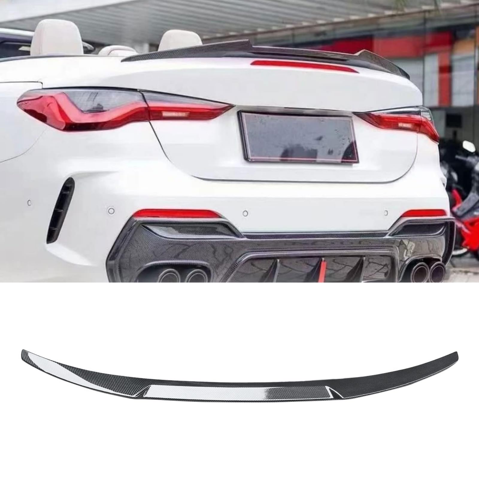 【適合車種】2021 2022 2023 BMW 4シリーズ G23 クーペ 420i 430i 440i 440i xDrive 430i xDrive に対応いたします。【材質とカラー】高品質ABS樹脂で作られます。耐久性、耐寒性や耐食性に優れてます、かすり傷に強くてバンパーガードの役にも立てます。カラーは低調な高級感が溢れるのカーボン調です。【機能性】1.エアロガード：高速走行中で下部の気流を速やかに排出して、ダウンフォースを増加し、車体を安定させます。2.ガーニッシュ：スポーツ感溢れるデザインのあるディフューザー、ご愛車に欠かせないのインテリアパーツです。【取り付け】両面テープでしっかりお取り付けられます！自分で取り付けことは苦手の方は専門店で改装することをお勧め致します。【ご注意】平日のご注文は2-3日以内にご出荷できます。商品について何かご質問があったら、こちらはいつでもご対応できます。注文前に問い合わせで確認してください。ご愛車の車種、年式、写真（てきるだけ多角度）をメールへ送信してください。（日本語、英語対応可能）24時間内、返事致します。ご不明な場合は、なんでも、いつでも、お気軽くお問い合わせください． 商品パラメータ 名前：リアスポイラー材質：ABS製 色：カーボン調パッケージ： 1pcsリアスポイラー＋両面テープおすすめこと：両面テープでしっかりお取り付けられます！自分で取り付けことは苦手の方は専門店で改装することをお勧め致します。