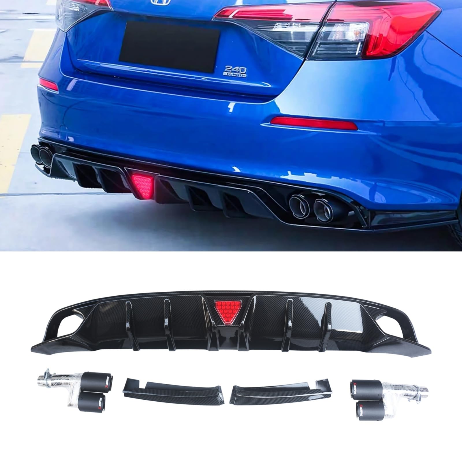 Rakuten - シビック リアディフューザー ホンダ シビック 11代目 セダン 2022-2025 2026 車種専用 リアパンバースポイラー リアパンバーディフューザー ABS 塗装済み カーボン調 改装 エアロパーツ LEDブレーキライト付き テールパイプ付き