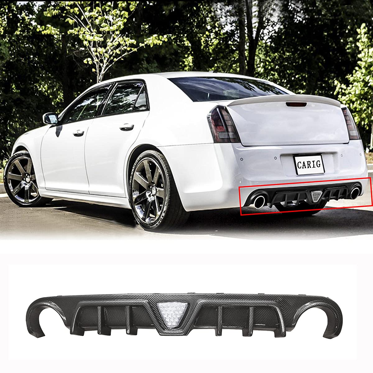 リアディフューザー 2012-2014 クライスラー 300 SRT リアパンバースポイラー テールランプ付き ABS製 カーボン調