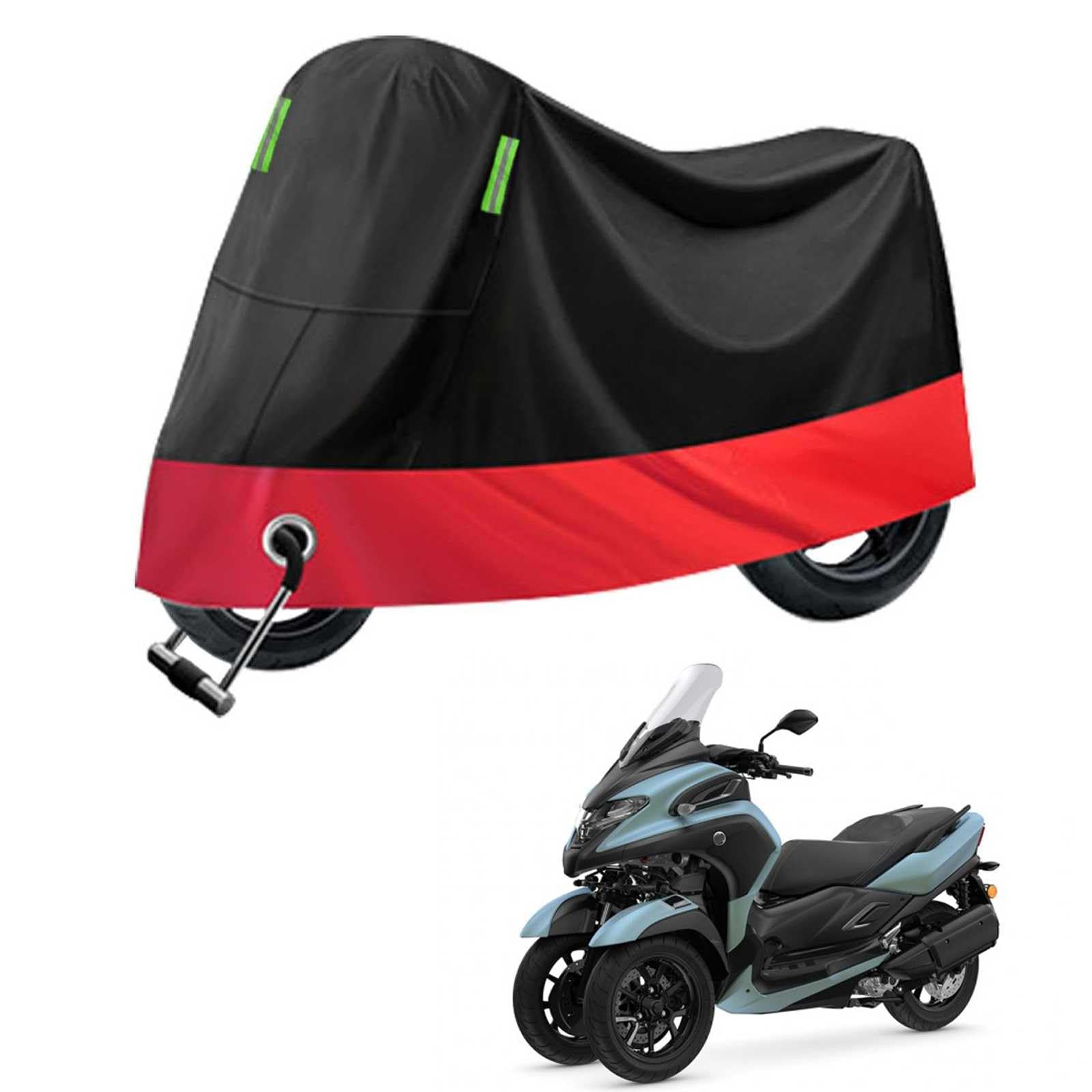 2025新版 バイクカバー に適用ヤマハトリシティ300【アルミホイル＋ニードルパンチコットン】全天候型 厚手 210Dオートバイカバー バイク レインカバー 破れにくい 防雨 防雪 防塵 盗難防止 UVカット 反射ストリップ付き ロック穴 収納袋付き ブラック+レッド