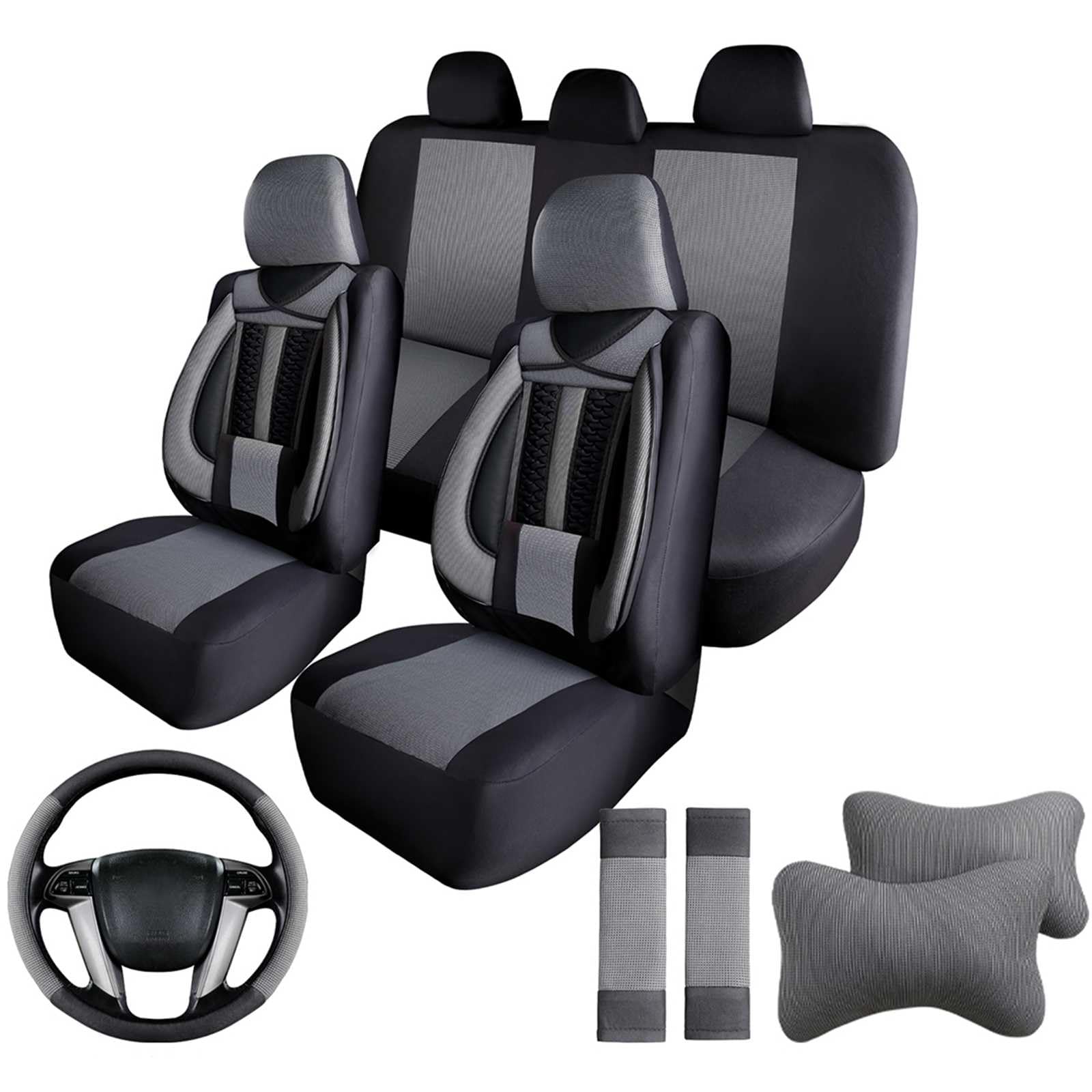 Rakuten - 5席 車用シートカバー に適用マツダ2 DJ系/デミオ DJ系 汎用【レザー+ストレッチ生地】全天候型 カーシートカバー 耐摩耗性 防汚性 通気性 車 座布団 取り付けが簡単 [並行輸入品]