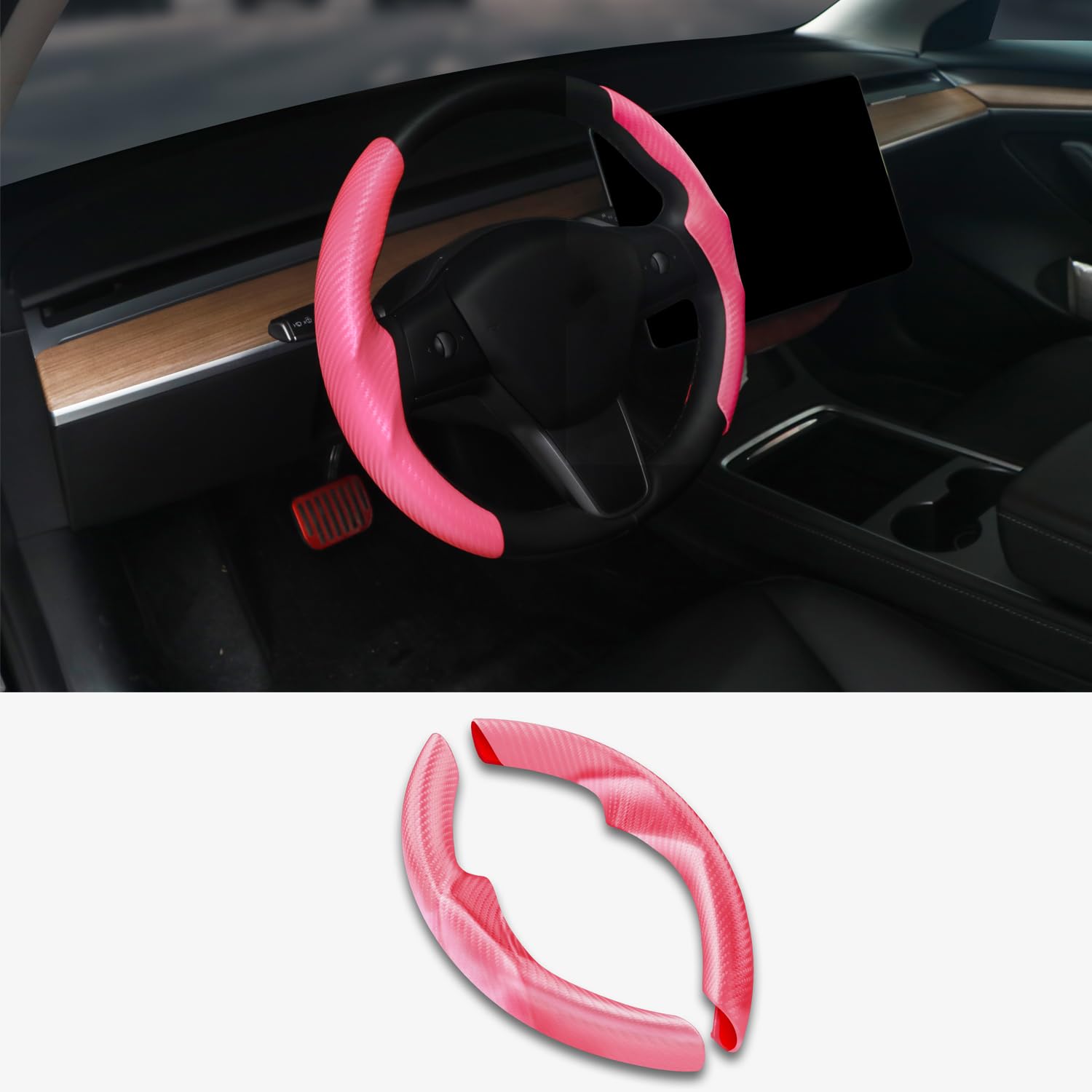 Rakuten - ハンドルカバー 2017-2023 Tesla Model Y Model 3 アクセサリー 2個 セグメント化されたステアリングホイールラップキット プロテクター 滑り止め (ピンクカーボンファイバー)