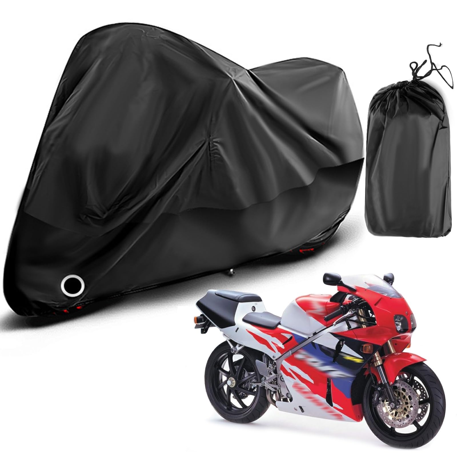バイクカバー四季対応 に適用ホンダ RVF400 RVFNC35 オートバイカバー 防水 紫外線防止 盗難防止 バイク用車体カバー 防雨防雪防塵 凍結防止 全天候型保護 バイク カバー 引き裂きに強い 耐久性 ロック穴有り 収納バッグ付き(黒)