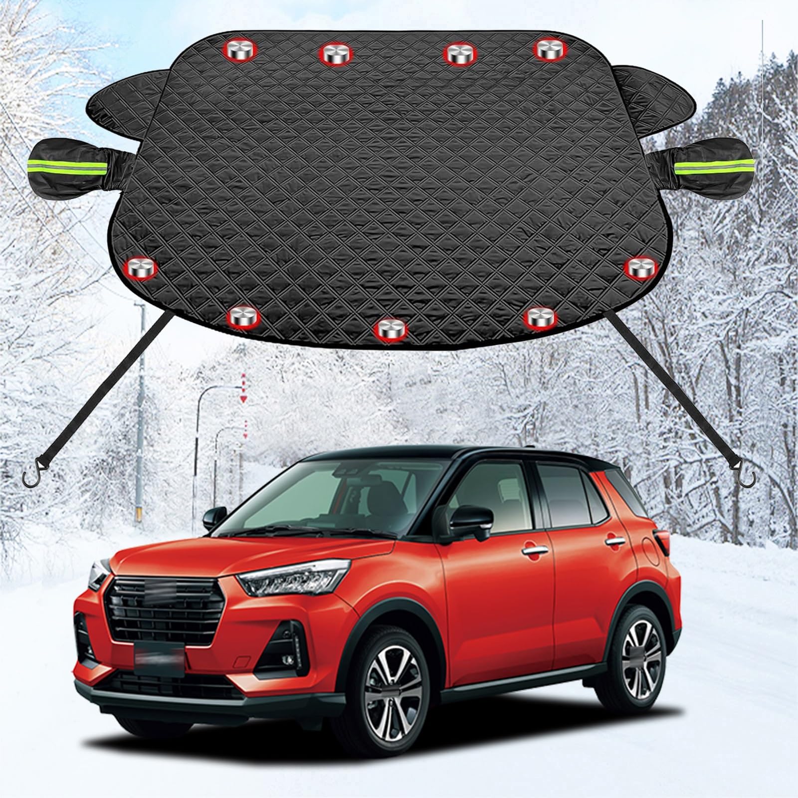 車フロントガラス 凍結防止シート に適用ダイハツロッキー カーフロントカバー 五重厚手 内蔵9枚強力磁石防風 盗難防止挟み耳 鏡保護 夜間警告 霜よけ 落葉 雪対策 防塵 防氷 フロントガラス保護カバー 折り畳み式 取付簡単 四季対応 収納袋付き(黒)(2.0)