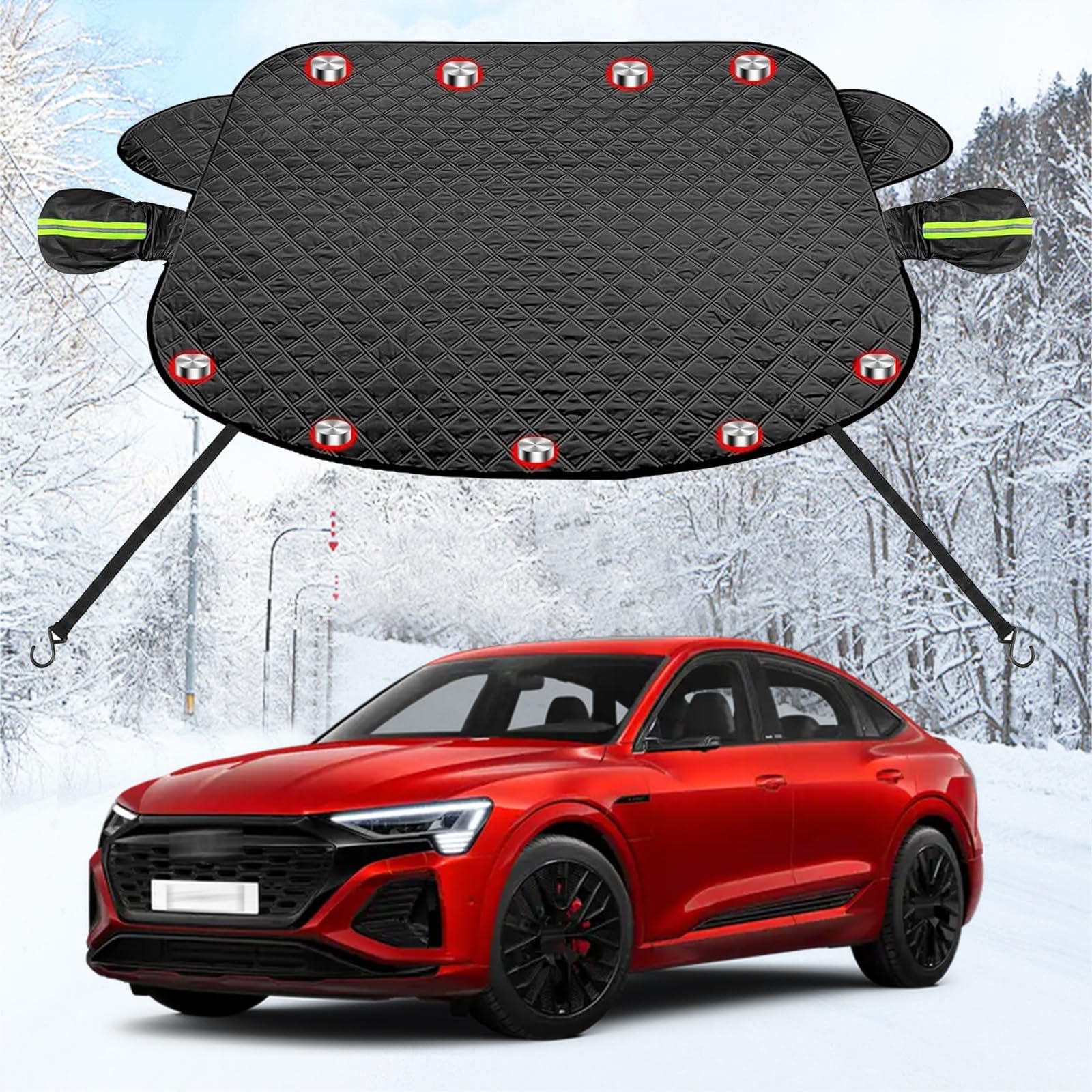 車フロントガラス 凍結防止シート に適用ミニ F54クラブマン 2013年~現行 カーフロントカバー 五重厚手 内蔵9枚強力磁石防風 盗難防止挟み耳 鏡保護 夜間警告 霜よけ 落葉 雪対策 防塵 防氷 フロントガラス保護カバー 折り畳み式 取付簡単 四季対応 収納袋付き(黒)