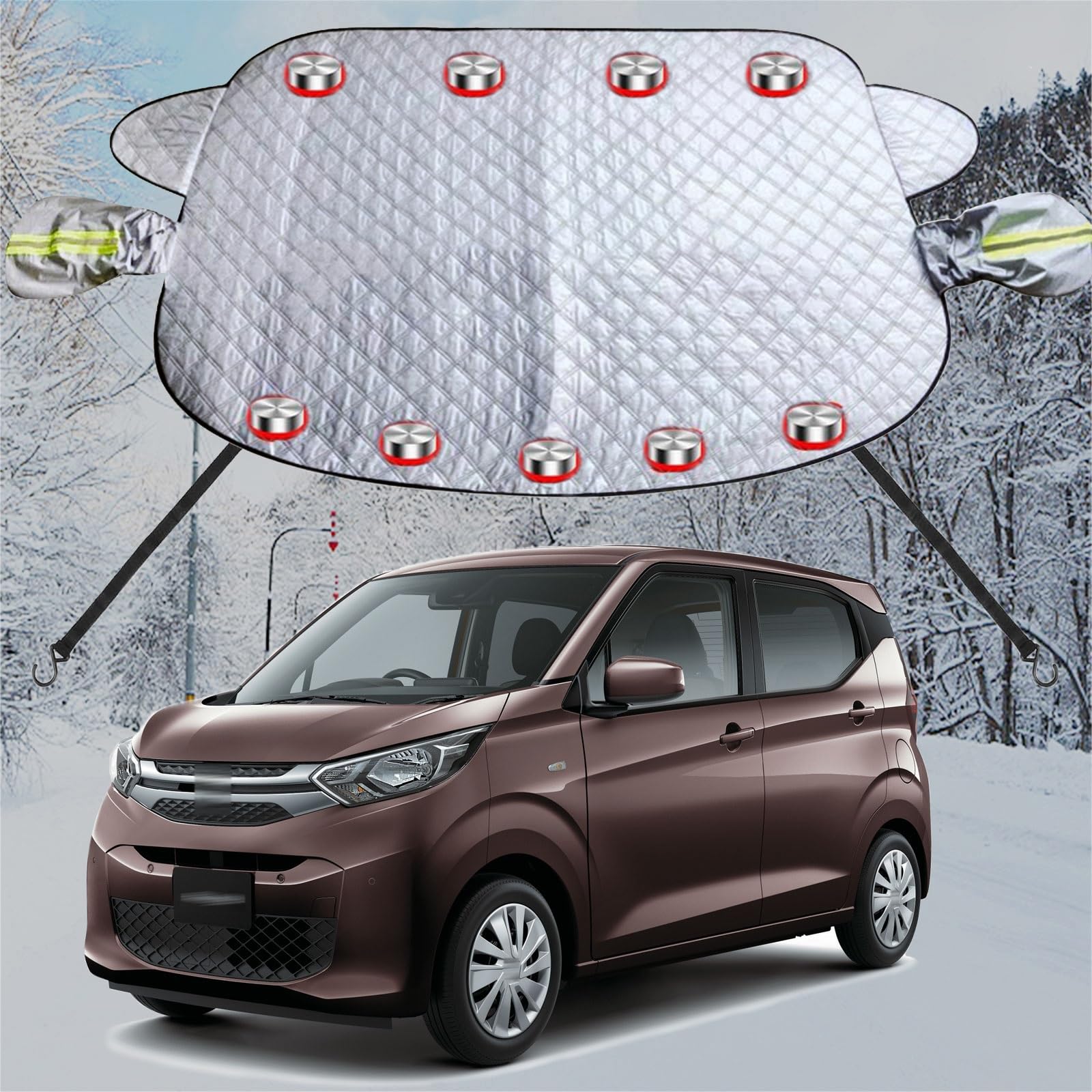 Rakuten - 車フロントガラス 凍結防止シート に適用三菱 eKワゴン/eKスペース カーフロントカバー 五重厚手 内蔵9枚強力磁石防風 盗難防止挟み耳 鏡保護 夜間警告 霜よけ 落葉 雪対策 防塵 防氷 フロントガラス保護カバー 折り畳み式 取付簡単 四季対応 収納袋付き(銀)
