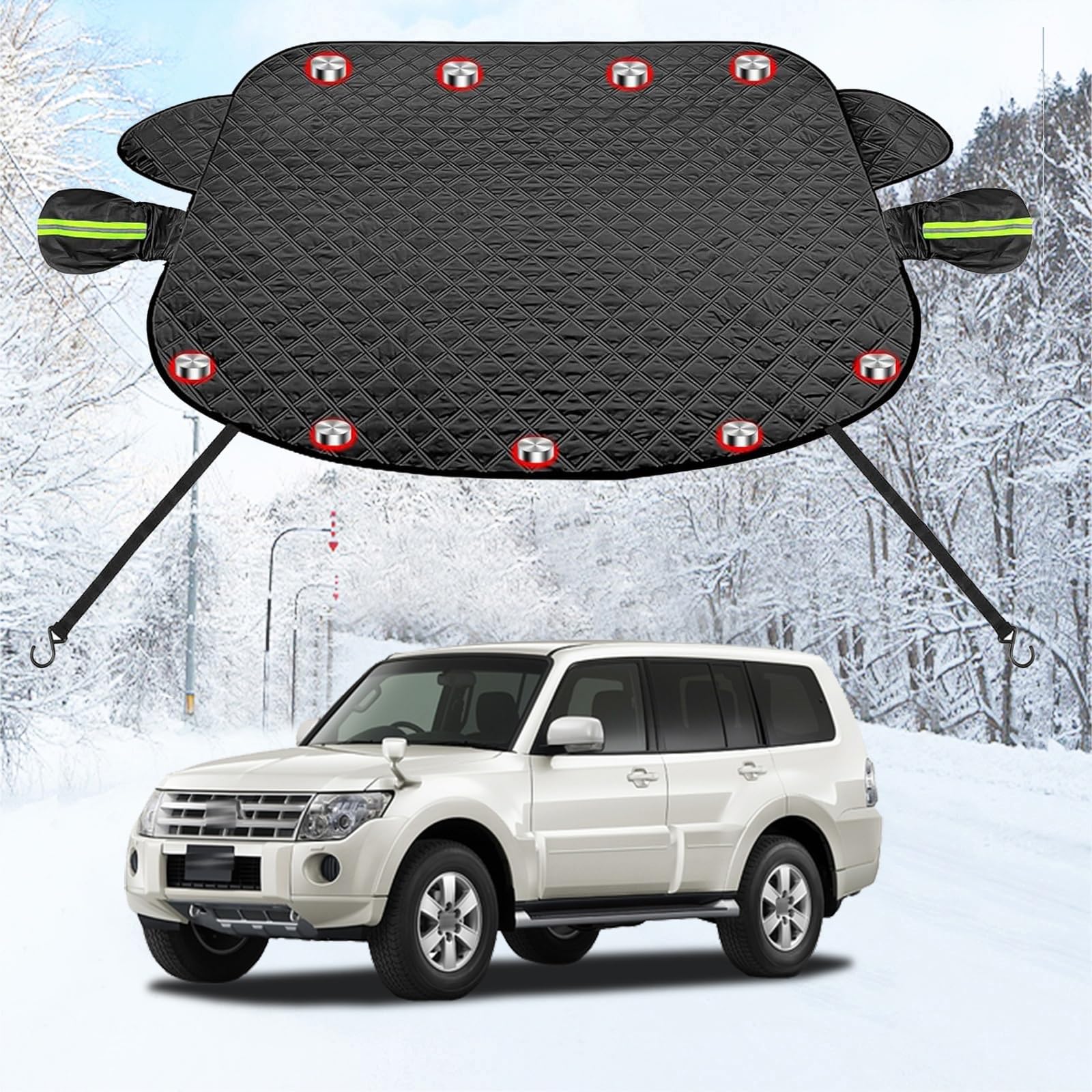 車フロントガラス 凍結防止シート に適用三菱パジェロ 5人乗り/7人乗り カーフロントカバー 五重厚手 内蔵9枚強力磁石防風 盗難防止挟み耳 鏡保護 夜間警告 霜よけ 落葉 雪対策 防塵 防氷 フロントガラス保護カバー 折り畳み式 取付簡単 四季対応 収納袋付き(黒)