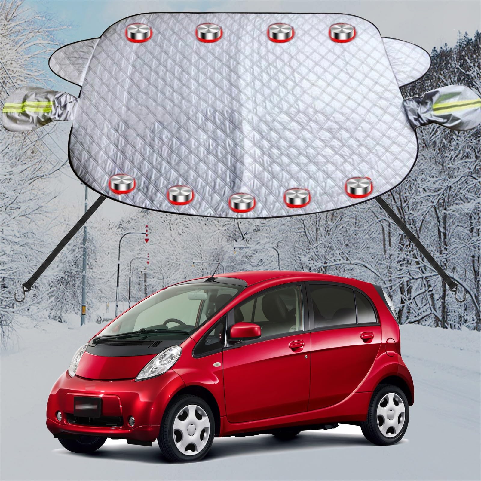 車フロントガラス 凍結防止シート に適用三菱ランサーエボリューションX カーフロントカバー 五重厚手 内蔵9枚強力磁石防風 盗難防止挟み耳 鏡保護 夜間警告 霜よけ 落葉 雪対策 防塵 防氷 フロントガラス保護カバー 折り畳み式 取付簡単 四季対応 収納袋付き(銀)