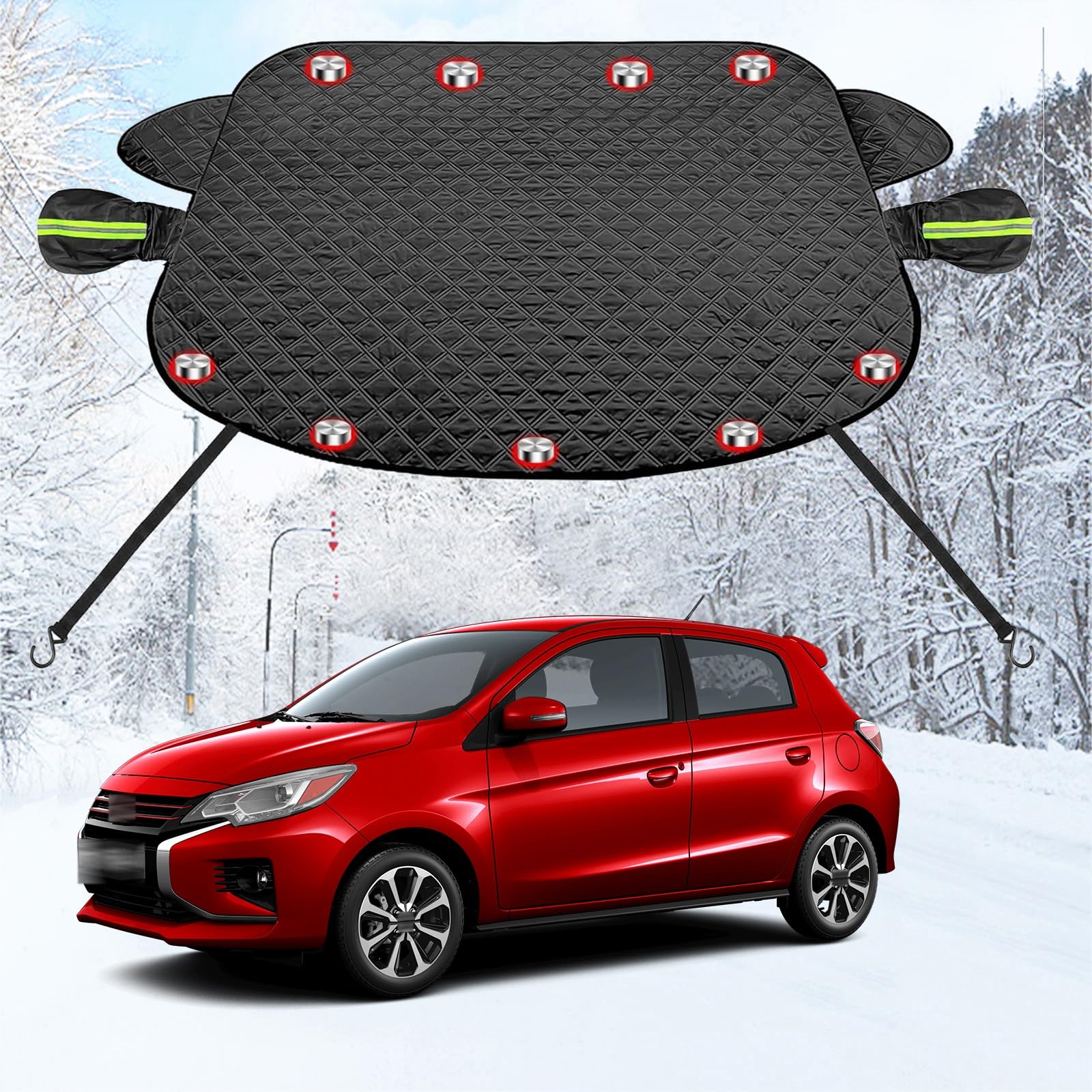 車フロントガラス 凍結防止シート に適用三菱ミラージュ カーフロントカバー 五重厚手 内蔵9枚強力磁石防風 盗難防止挟み耳 鏡保護 夜間警告 霜よけ 落葉 雪対策 防塵 防氷 フロントガラス保護カバー 折り畳み式 取付簡単 四季対応 収納袋付き(黒)