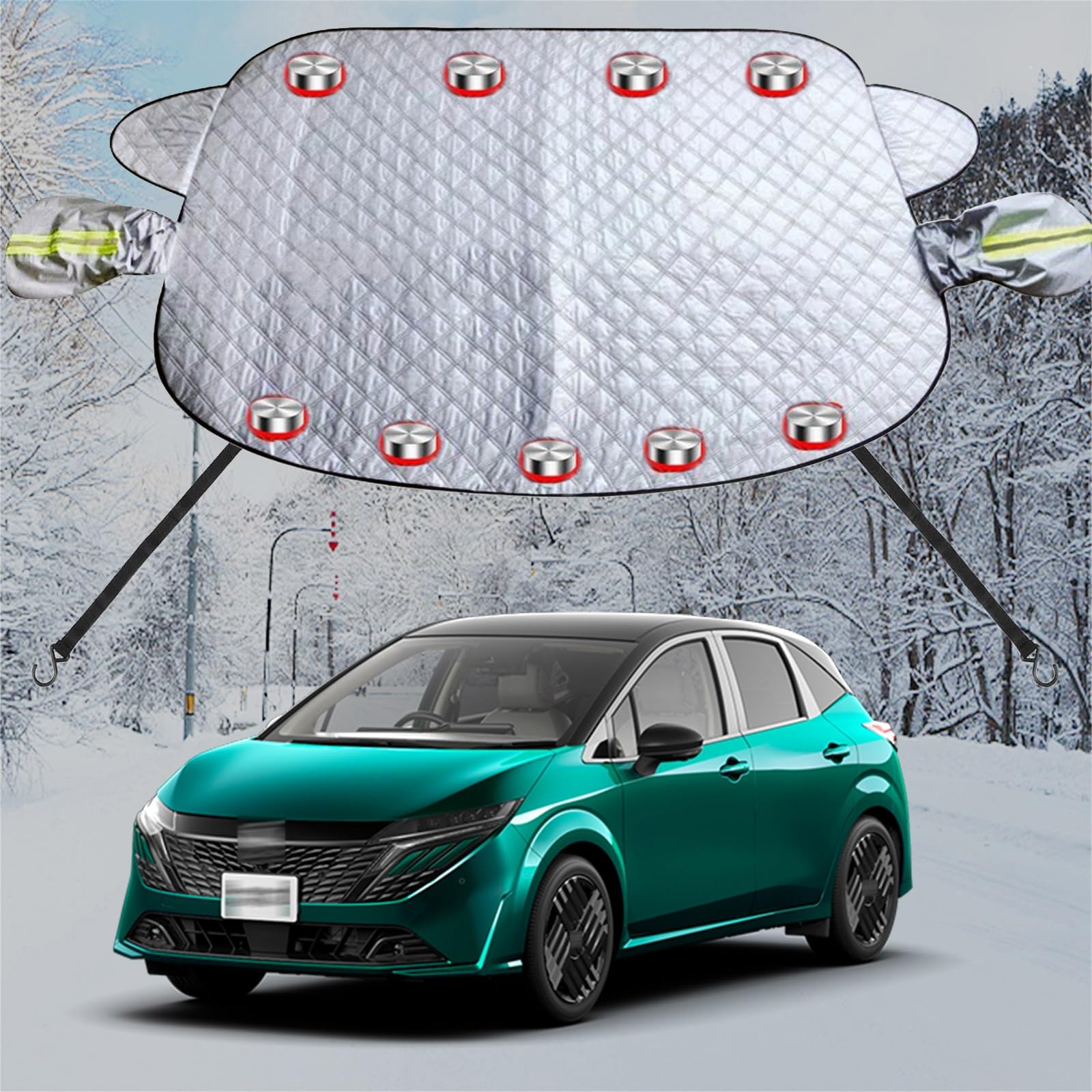 車フロントガラス 凍結防止シート に適用日産 ノート オーラ カーフロントカバー 五重厚手 内蔵9枚強力磁石防風 盗難防止挟み耳 鏡保護 夜間警告 霜よけ 落葉 雪対策 防塵 防氷 フロントガラス保護カバー 折り畳み式 取付簡単 四季対応 収納袋付き(銀)(2)