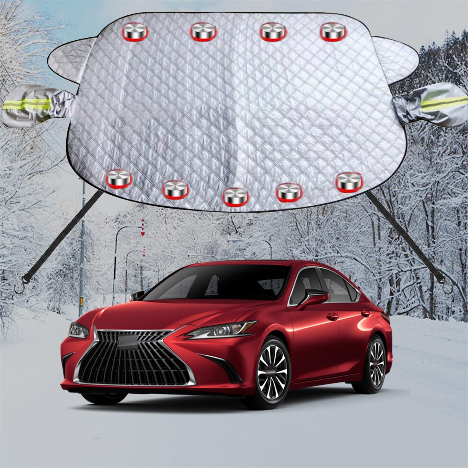 車フロントガラス 凍結防止シート に適用レクサスES カーフロントカバー 五重厚手 内蔵9枚強力磁石防風 盗難防止挟み耳 鏡保護 夜間警告 霜よけ 落葉 雪対策 防塵 防氷 フロントガラス保護カバー 折り畳み式 取付簡単 四季対応 収納袋付き(銀)