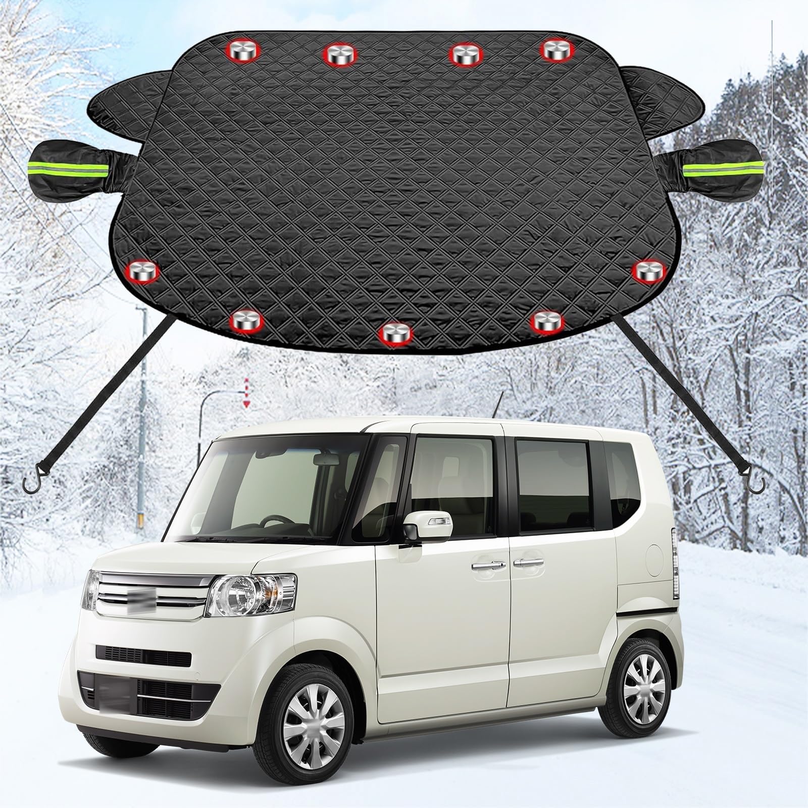 車フロントガラス 凍結防止シート に適用ホンダN-BOX JF型 カーフロントカバー 五重厚手 内蔵9枚強力磁石防風 盗難防止挟み耳 鏡保護 夜間警告 霜よけ 落葉 雪対策 防塵 防氷 フロントガラス保護カバー 折り畳み式 取付簡単 四季対応 収納袋付き(黒)